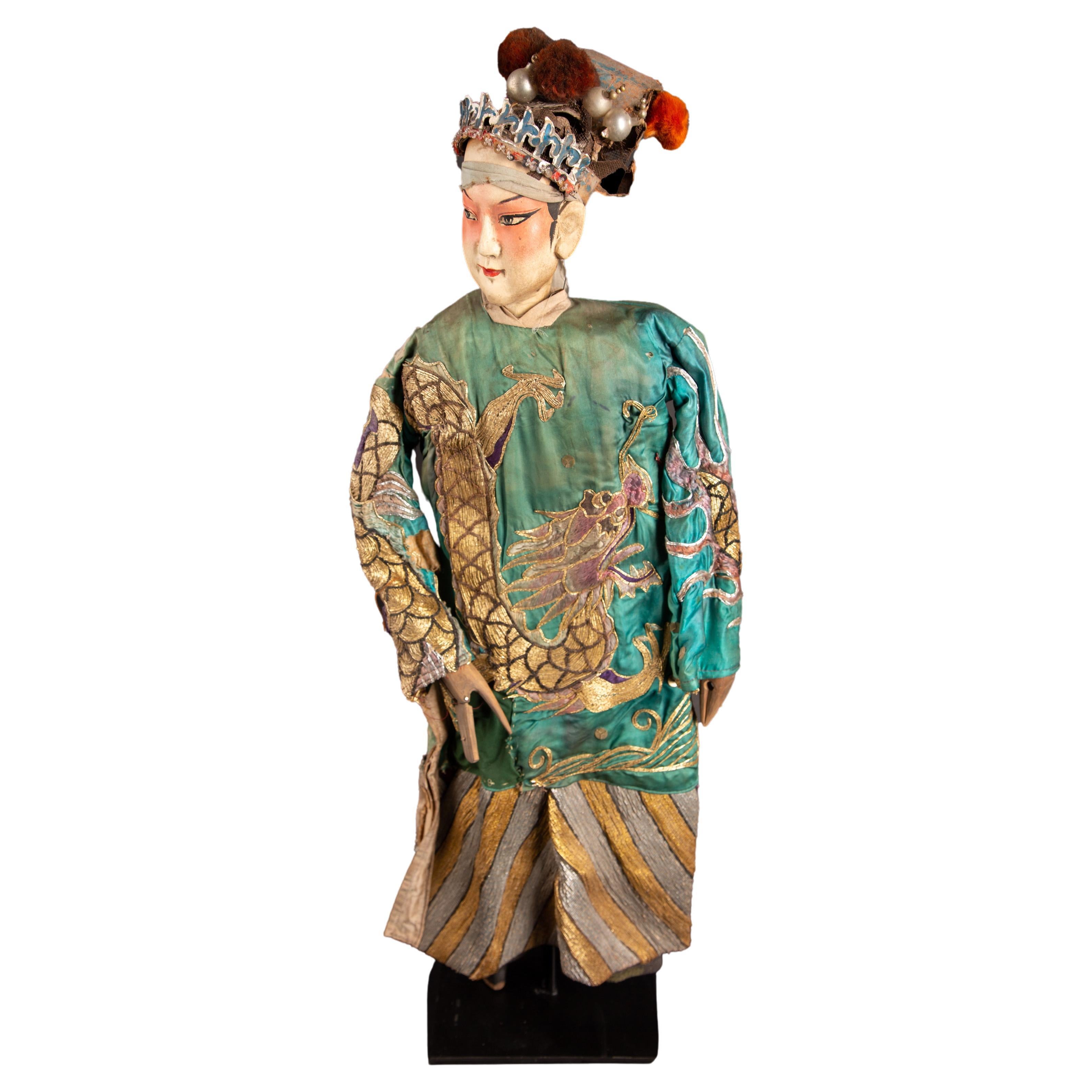 Chinese Opera Theatre Marionette, Green Silk Robe, Pink Pom Poms For Sale