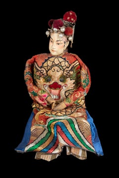 Chinese Opera Theatre Marionette, Red Silk Robe, Pink Pom Poms