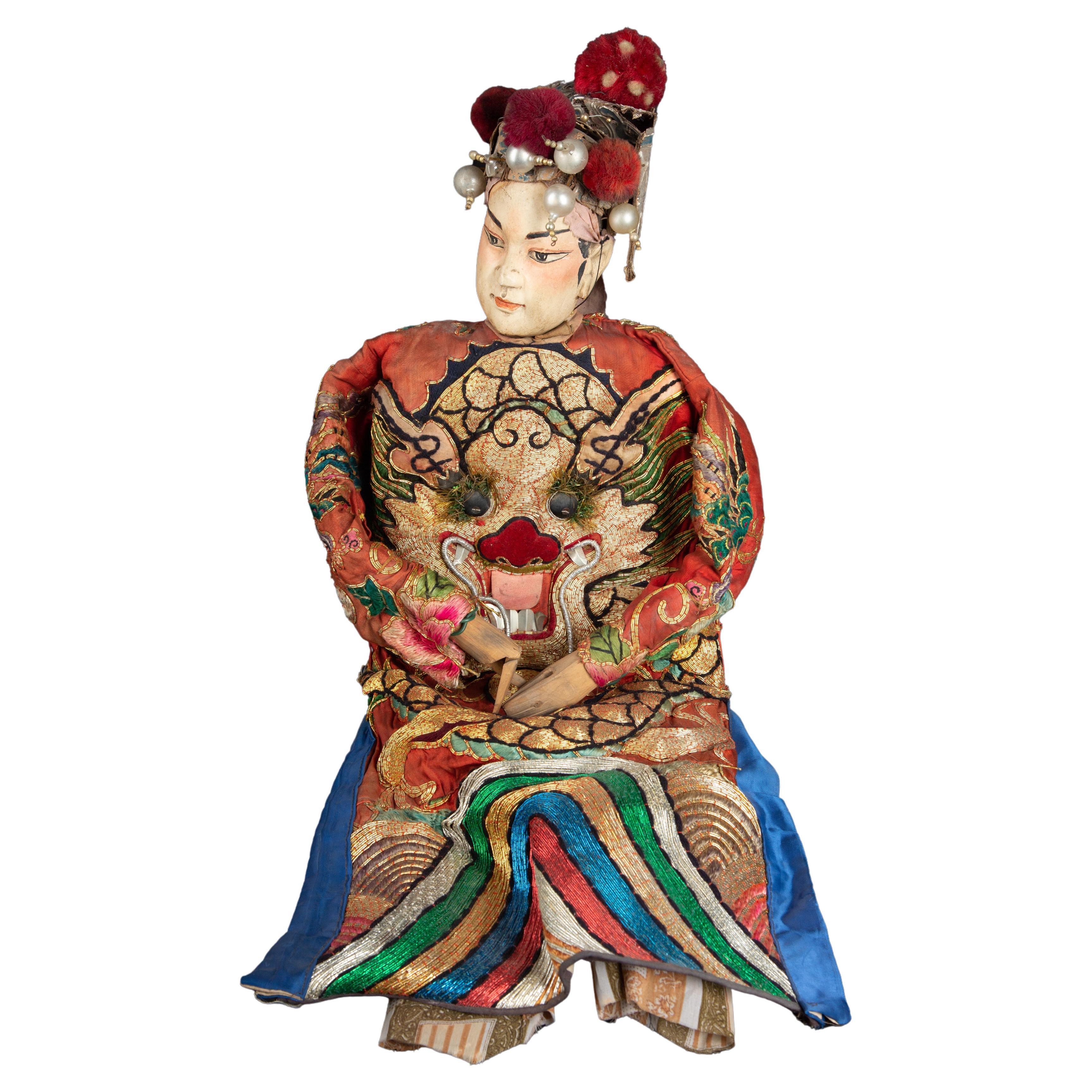 Chinese Opera Theatre Marionette, Red Silk Robe, Pink Pom Poms For Sale