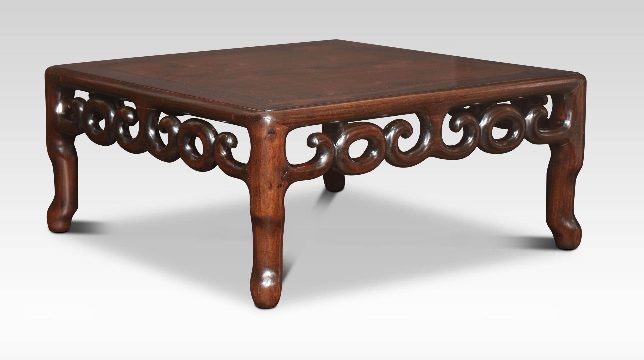 Chinese opium/coffee table the well-figured square top above the pierced frieze. All raised on moulded legs.
Dimensions
Height 11.5 Inches
Width 25 Inches
Depth 25 Inches