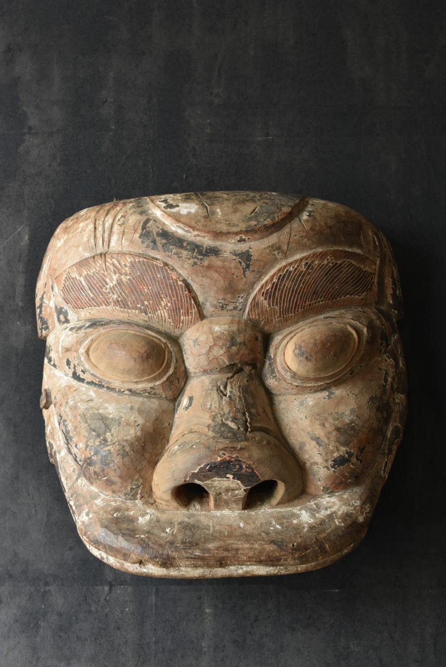 Travail du bois Grand masque en bois ancien chinois ou coréen/années 1800/masque de festival/masque de diadème en vente