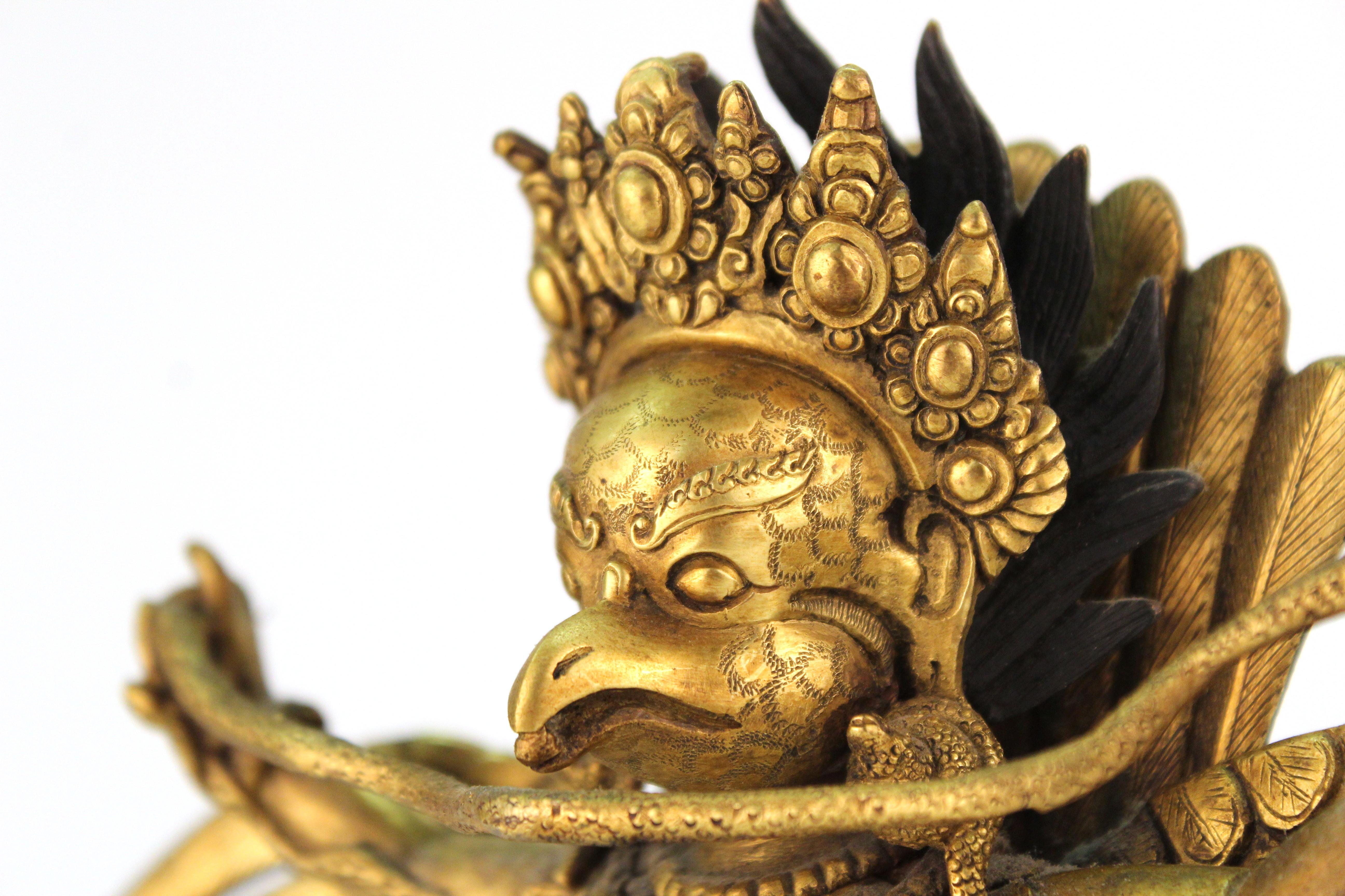 Chinese or Tibetan Gilt Bronze Garuda with Naga Sculpture 5