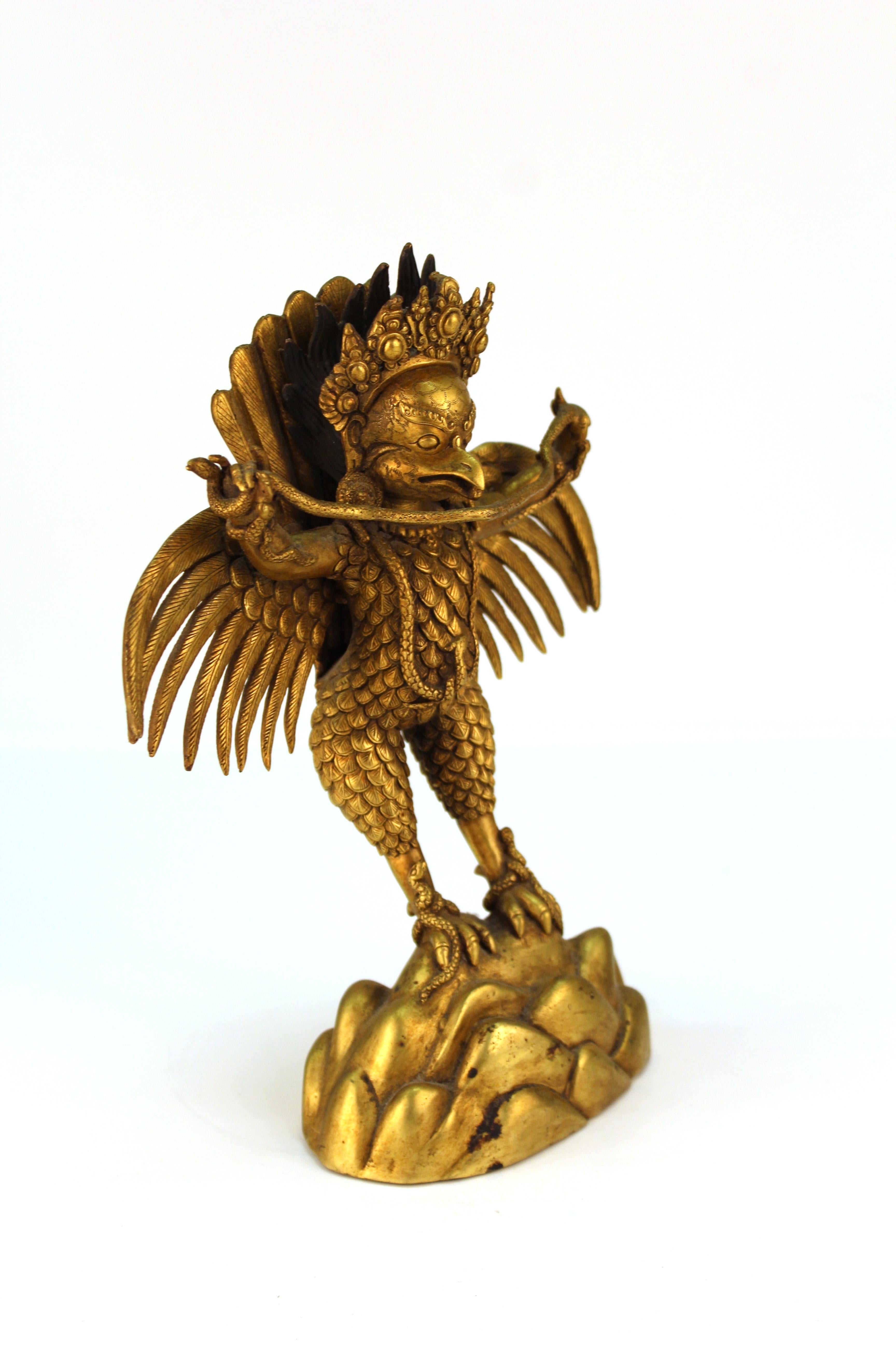 4" Asian Antique Tibet  Handmade brass Gilt  Garuda bird Buddha statue 
