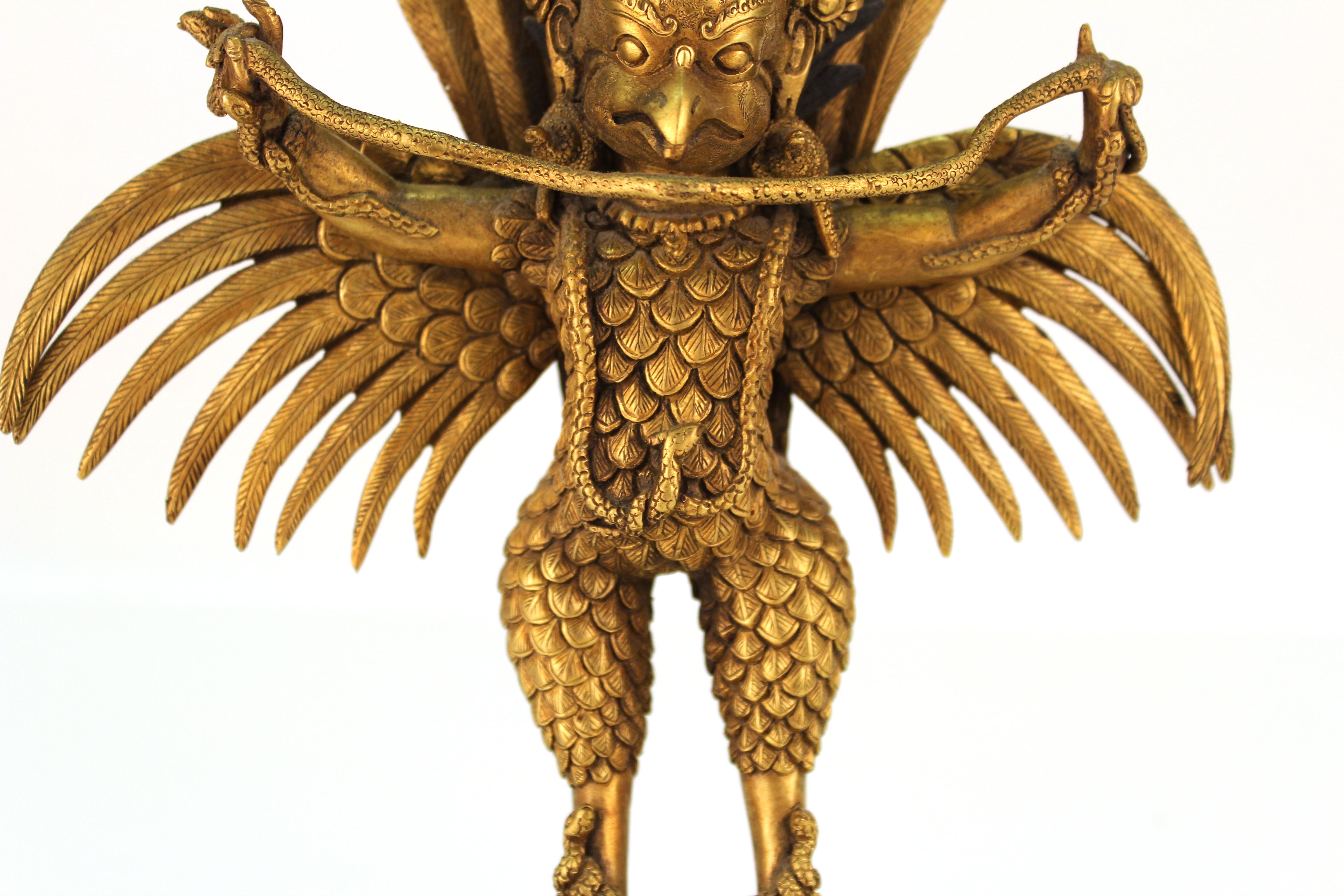 Chinese or Tibetan Gilt Bronze Garuda with Naga Sculpture 2