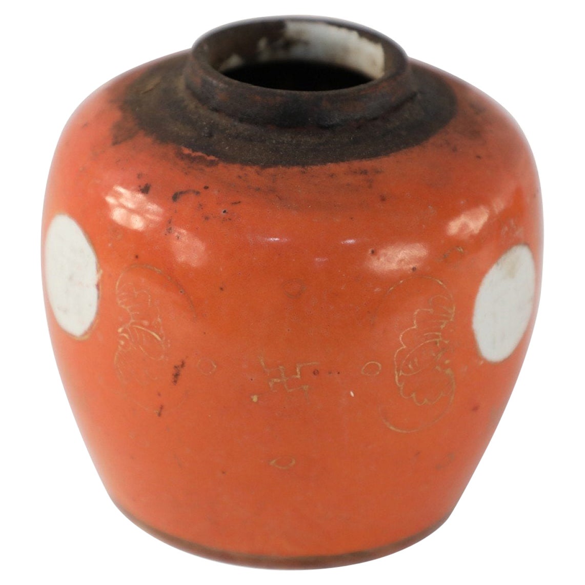 Vase chinois en porcelaine à motif décoratif orange et or en vente
