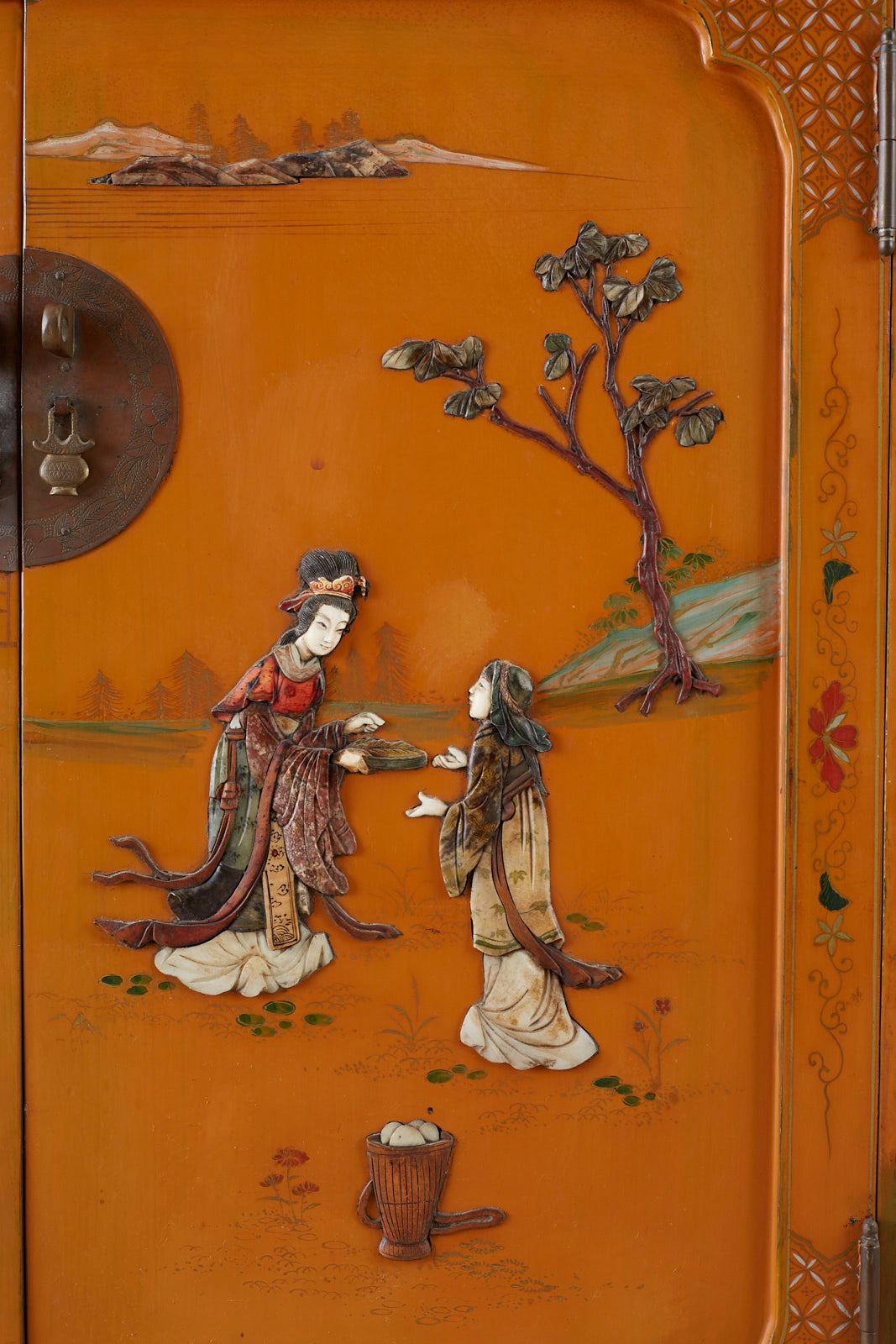 Chinese Orange Lacquered Cabinet with Soapstone Inlay 3