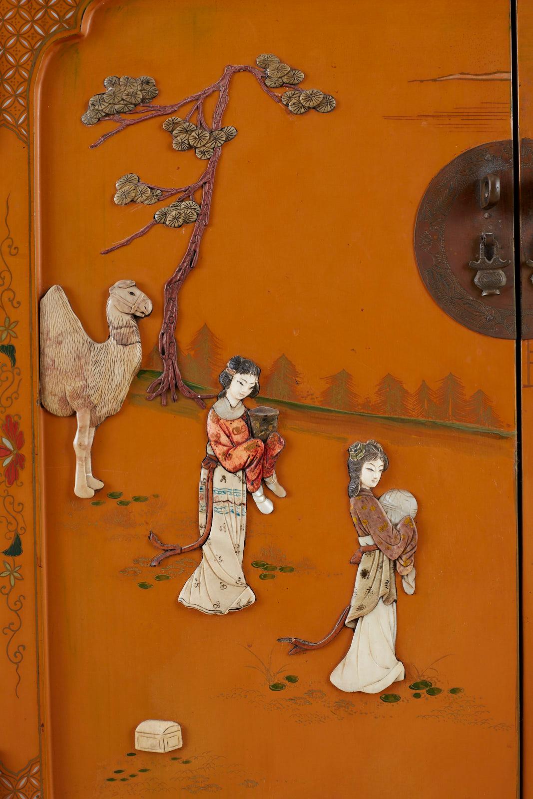 Chinese Orange Lacquered Cabinet with Soapstone Inlay 4