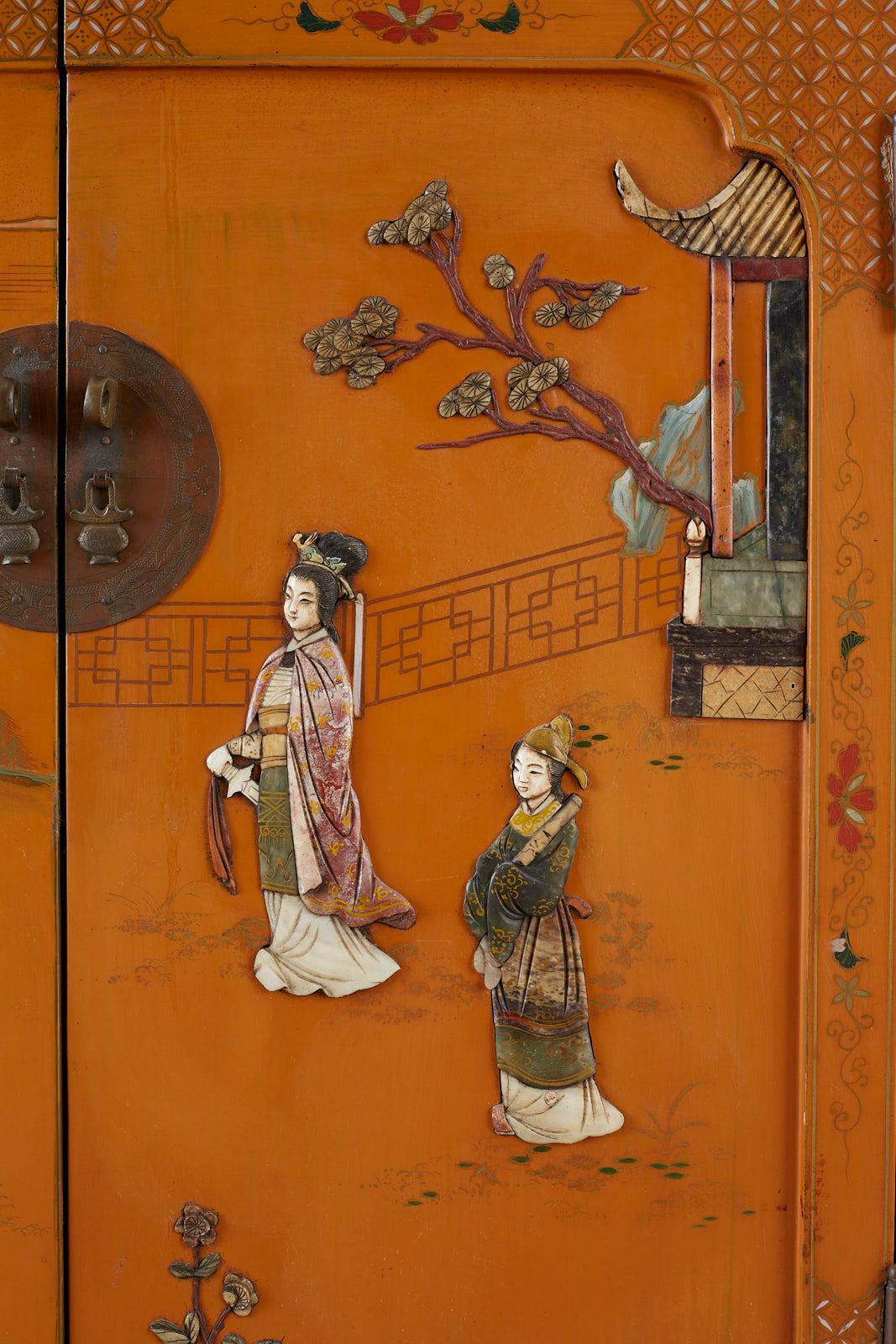 Chinese Orange Lacquered Cabinet with Soapstone Inlay 5