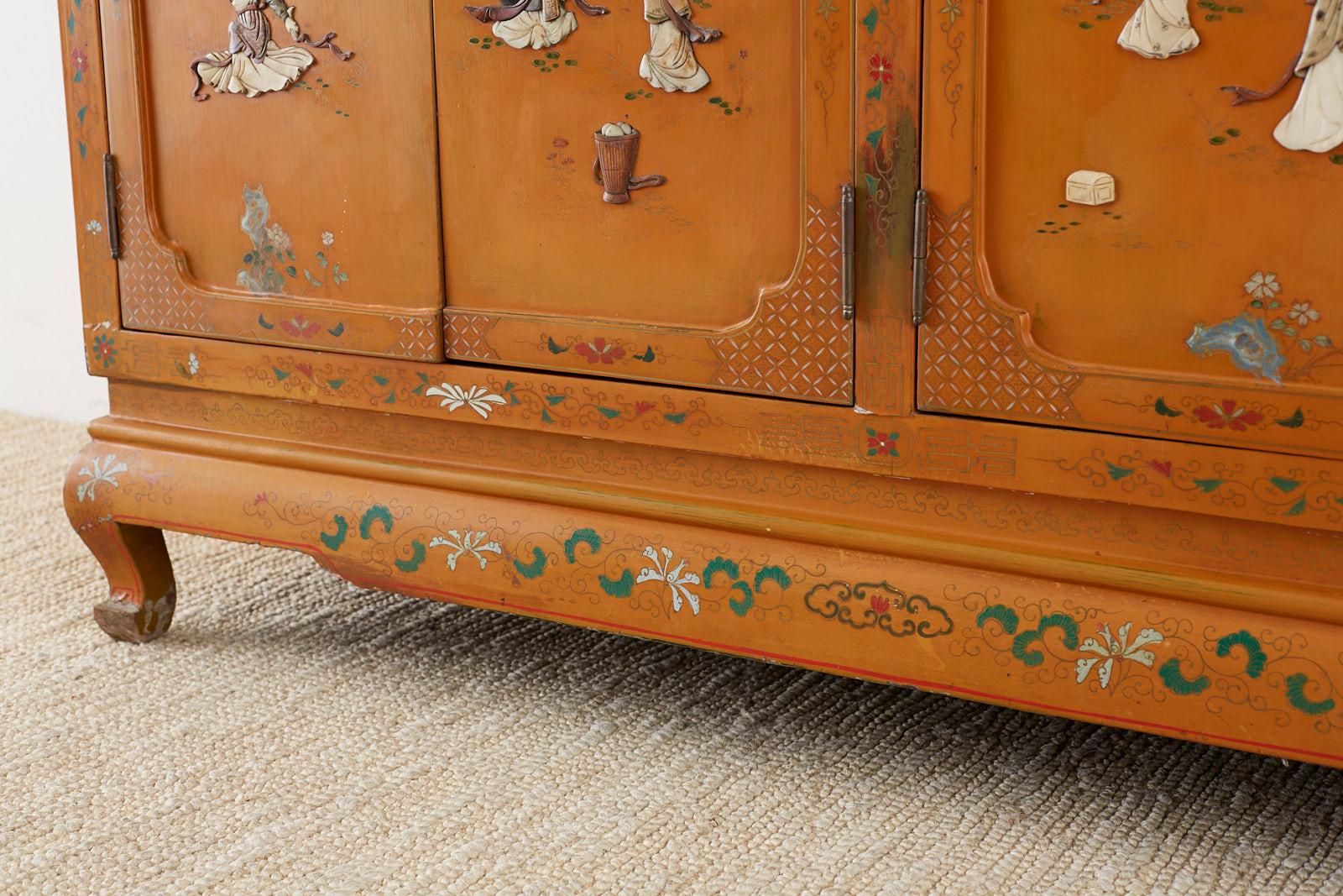 Chinese Orange Lacquered Cabinet with Soapstone Inlay 6