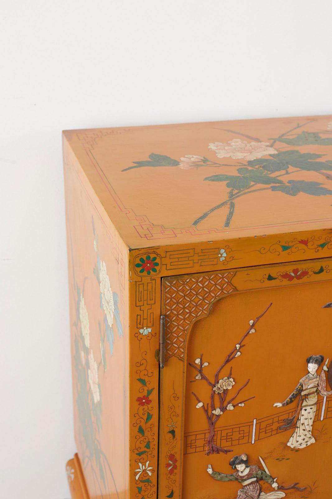 Chinese Orange Lacquered Cabinet with Soapstone Inlay 7