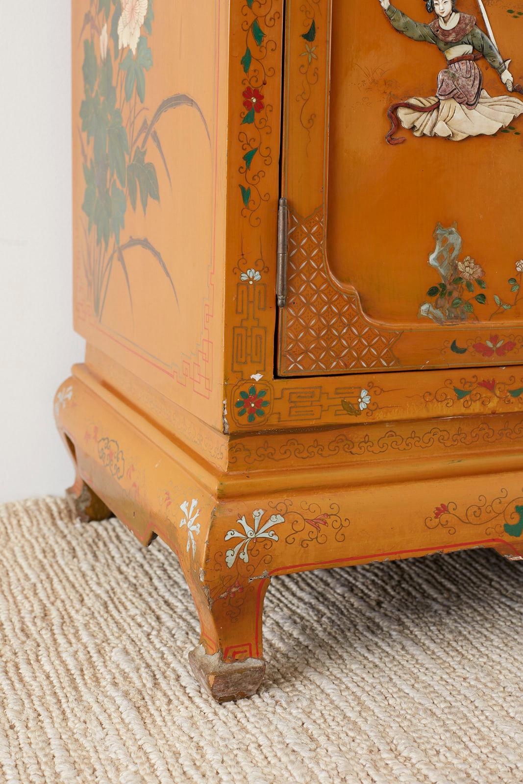 Chinese Orange Lacquered Cabinet with Soapstone Inlay 8