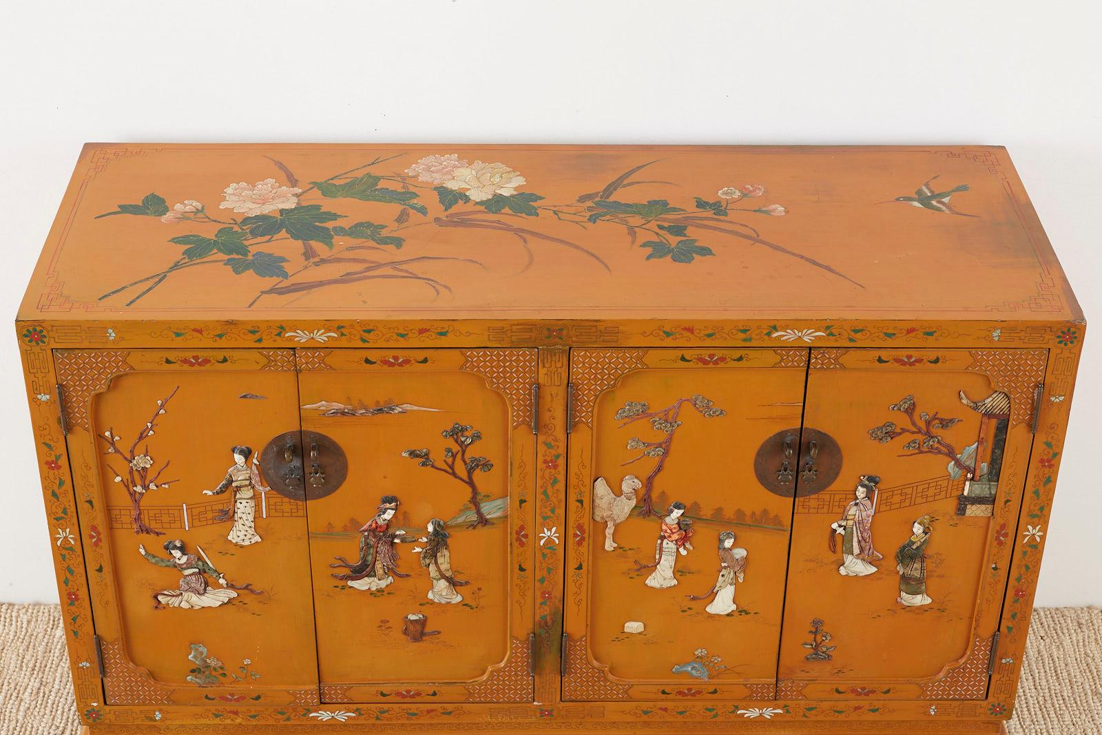 Chinese Orange Lacquered Cabinet with Soapstone Inlay 9