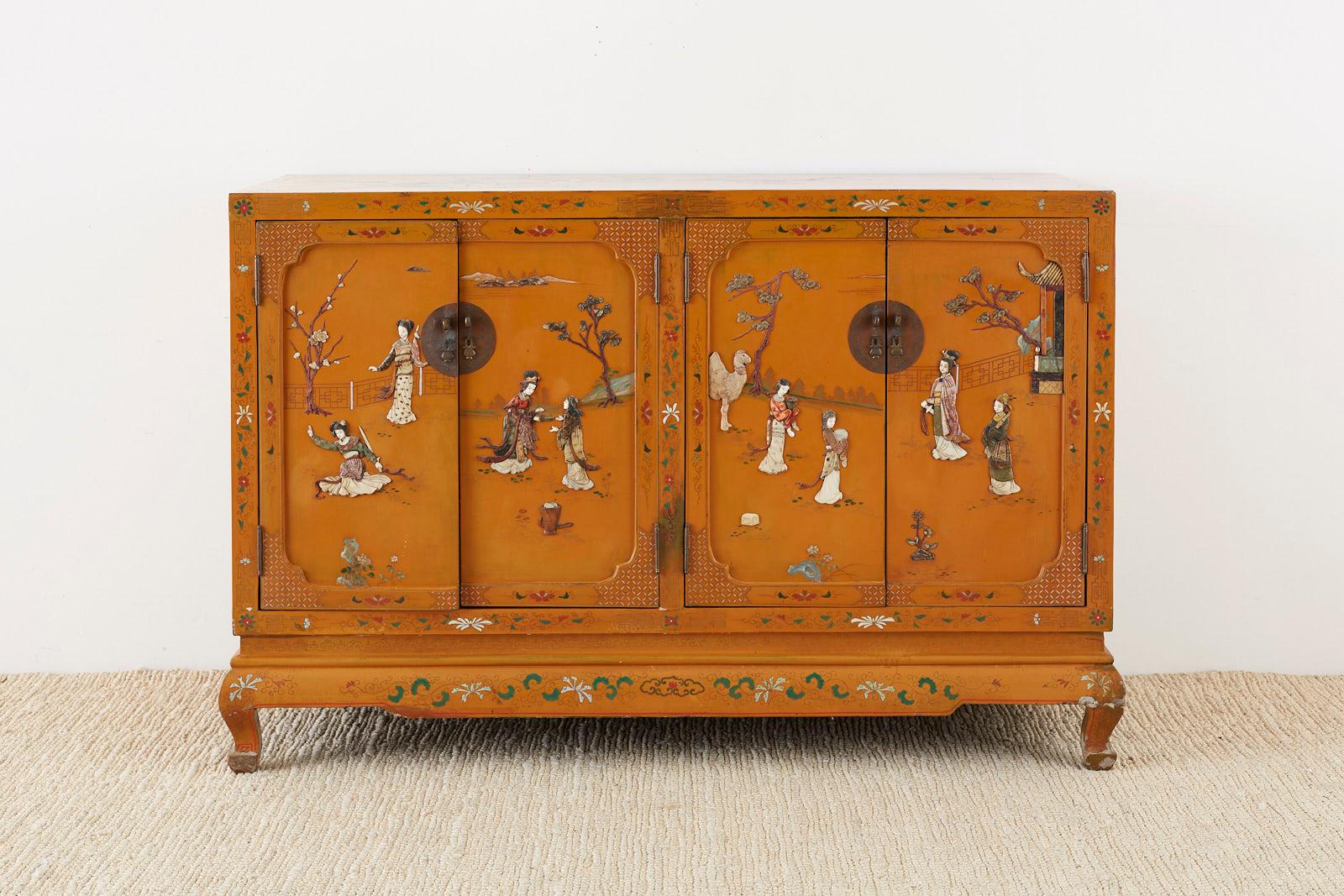 Chinese Export Chinese Orange Lacquered Cabinet with Soapstone Inlay