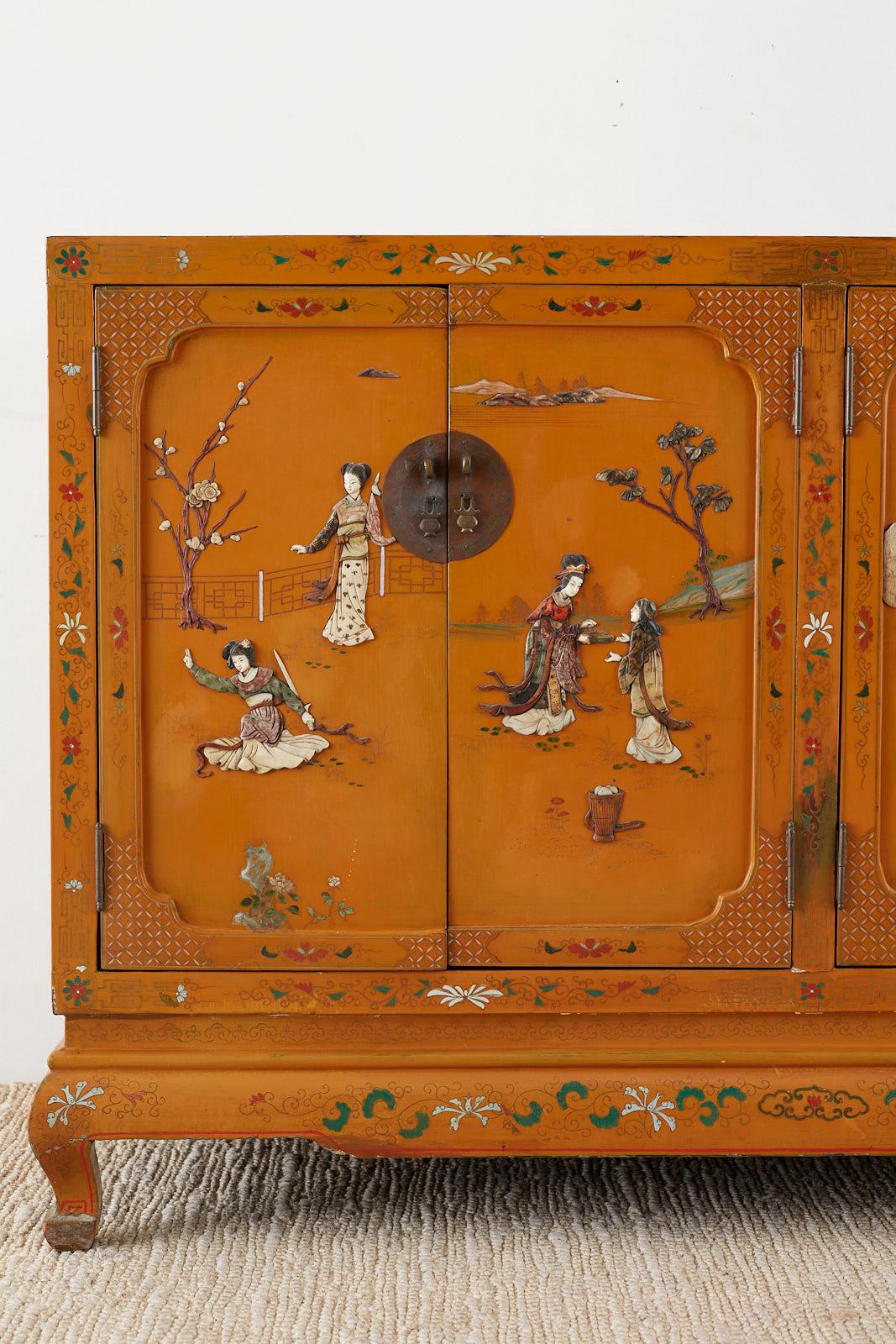 Hand-Crafted Chinese Orange Lacquered Cabinet with Soapstone Inlay