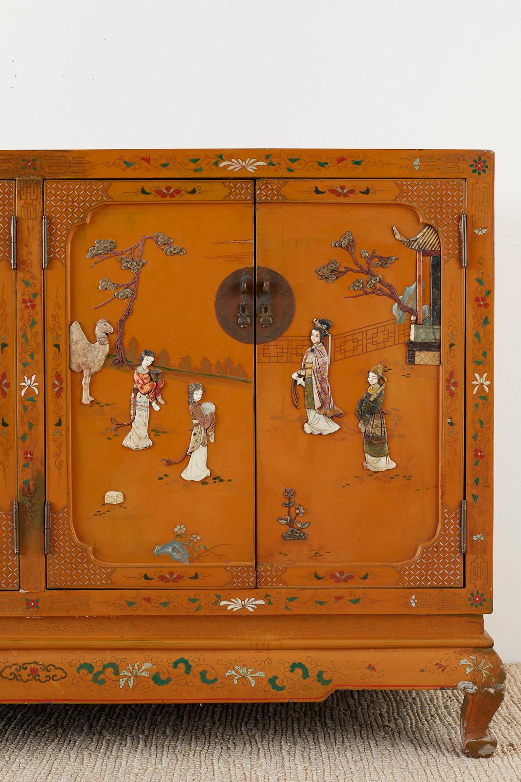 Chinese Orange Lacquered Cabinet with Soapstone Inlay In Good Condition In Rio Vista, CA