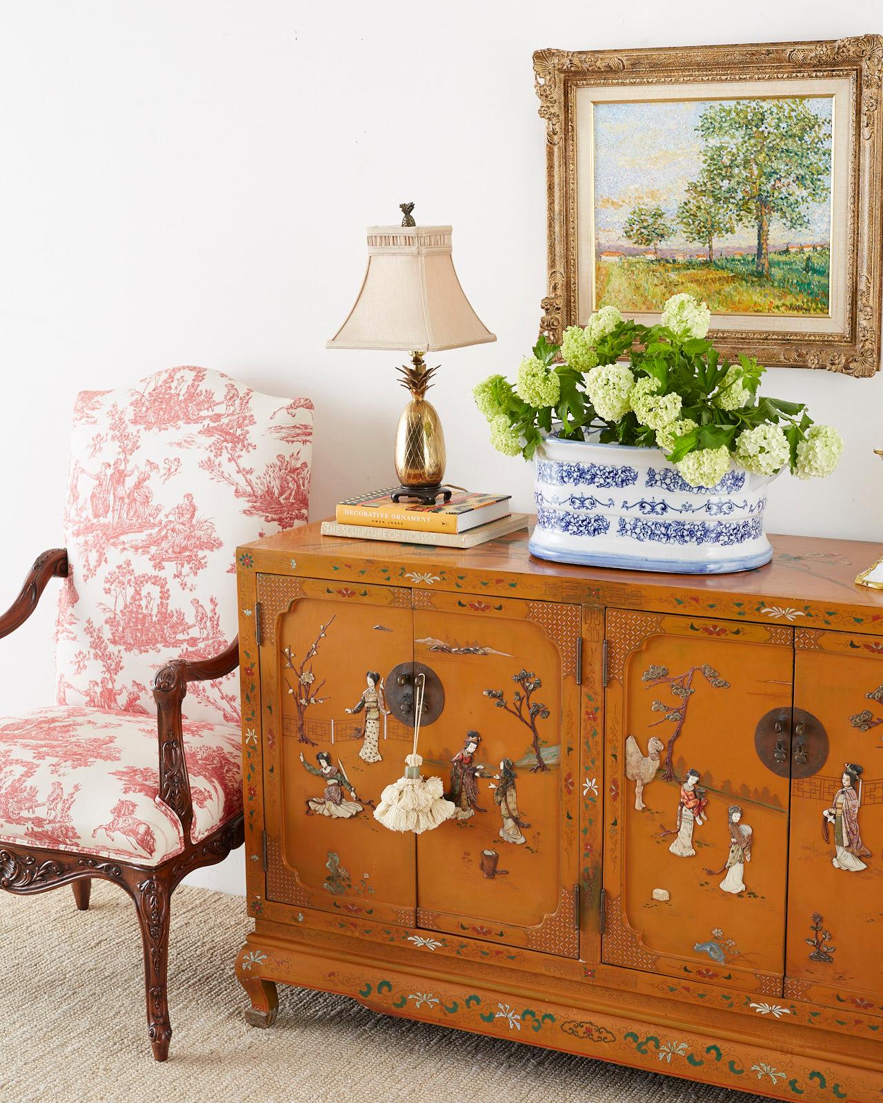 20th Century Chinese Orange Lacquered Cabinet with Soapstone Inlay