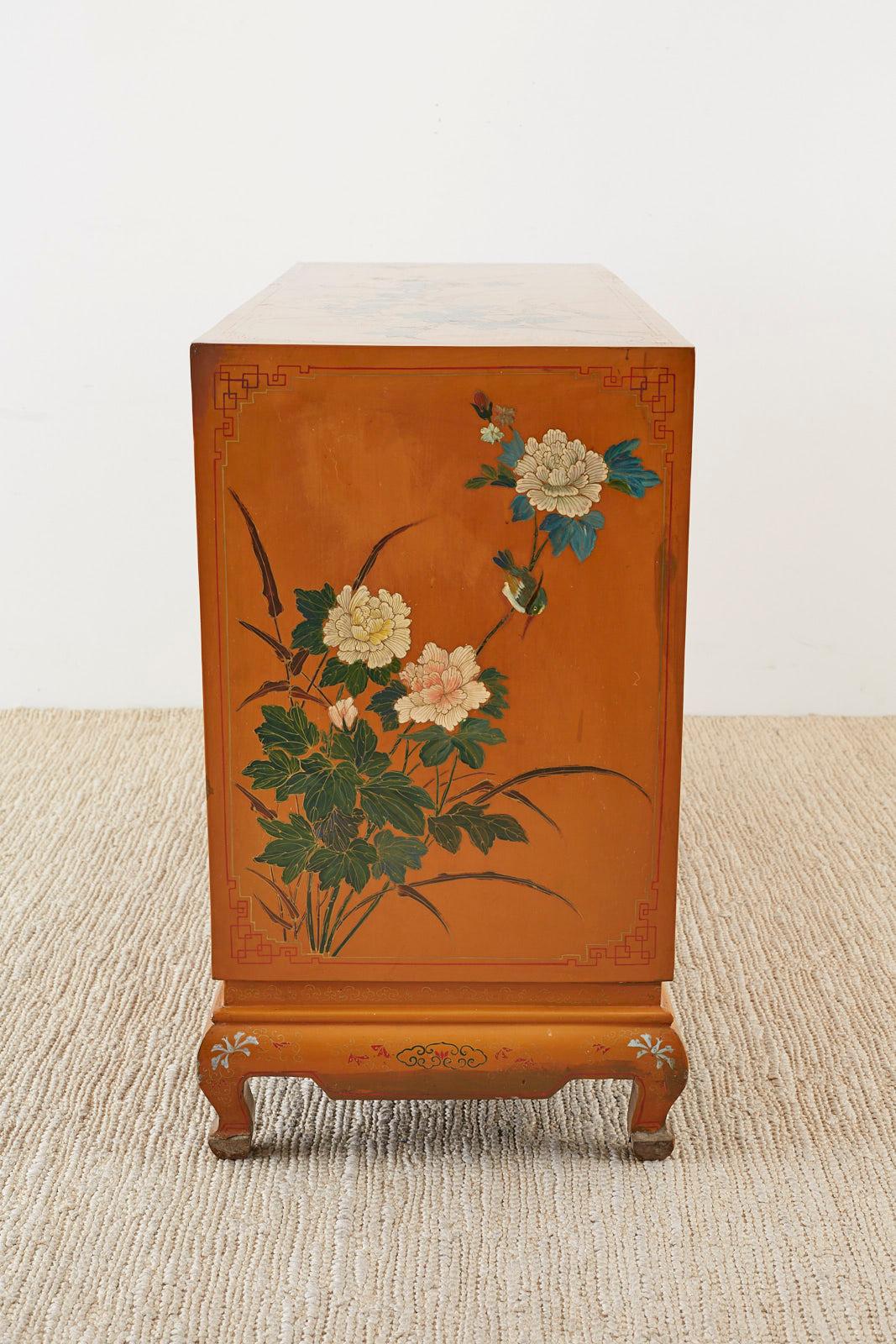 Chinese Orange Lacquered Cabinet with Soapstone Inlay 1