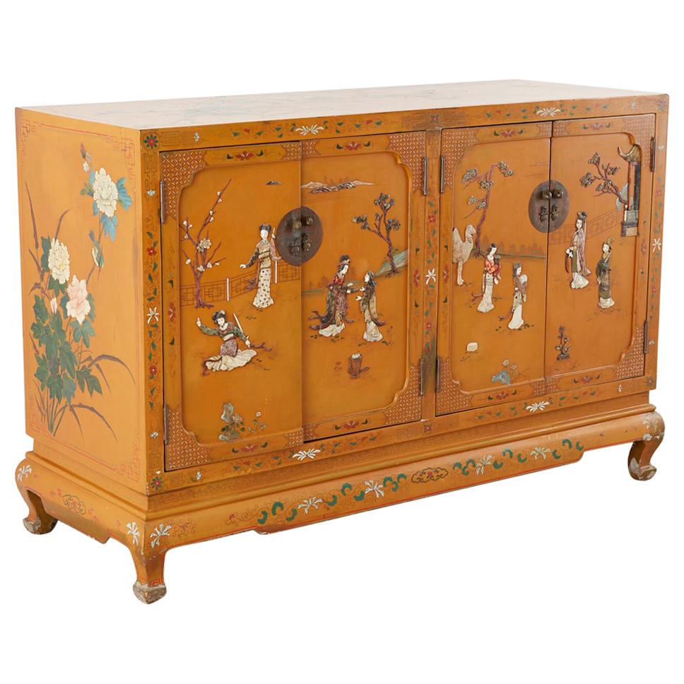 Chinese Orange Lacquered Cabinet with Soapstone Inlay