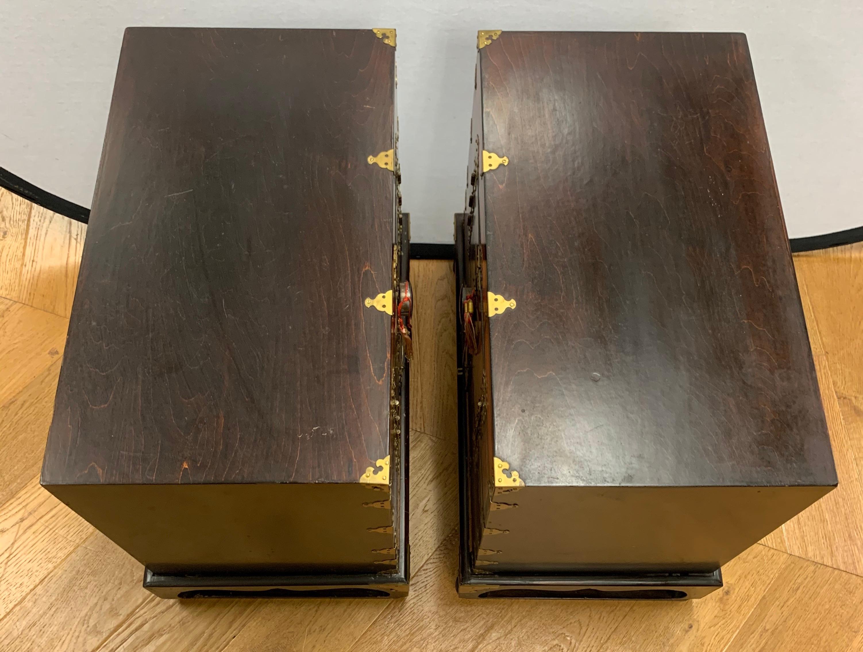 Chinese Orange Locking Chests Cabinets with Brass Butterfly Hardware 4