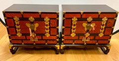 Chinese Orange Locking Chests Cabinets with Brass Butterfly Hardware