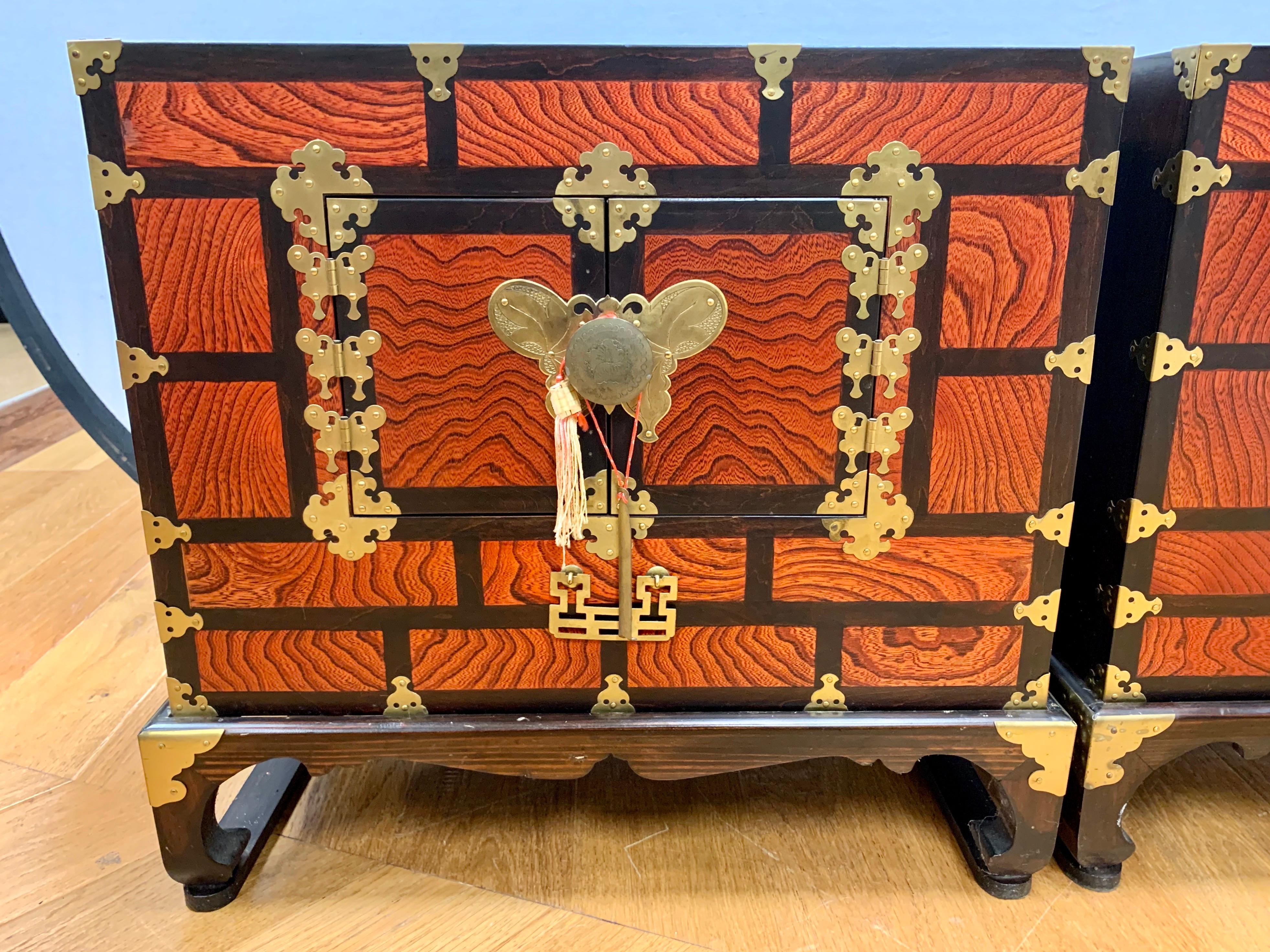 Chinoiserie Chinese Orange Locking Chests Cabinets with Brass Butterfly Hardware