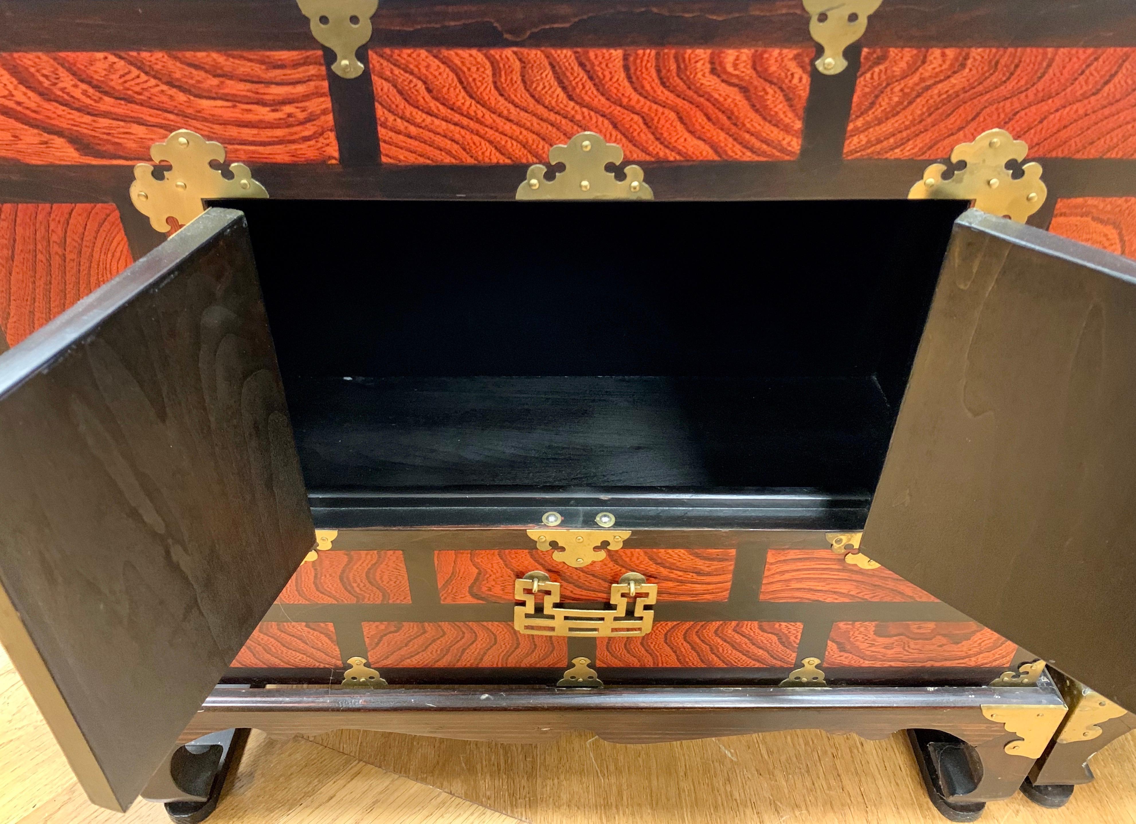 Chinese Orange Locking Chests Cabinets with Brass Butterfly Hardware In Good Condition In West Hartford, CT