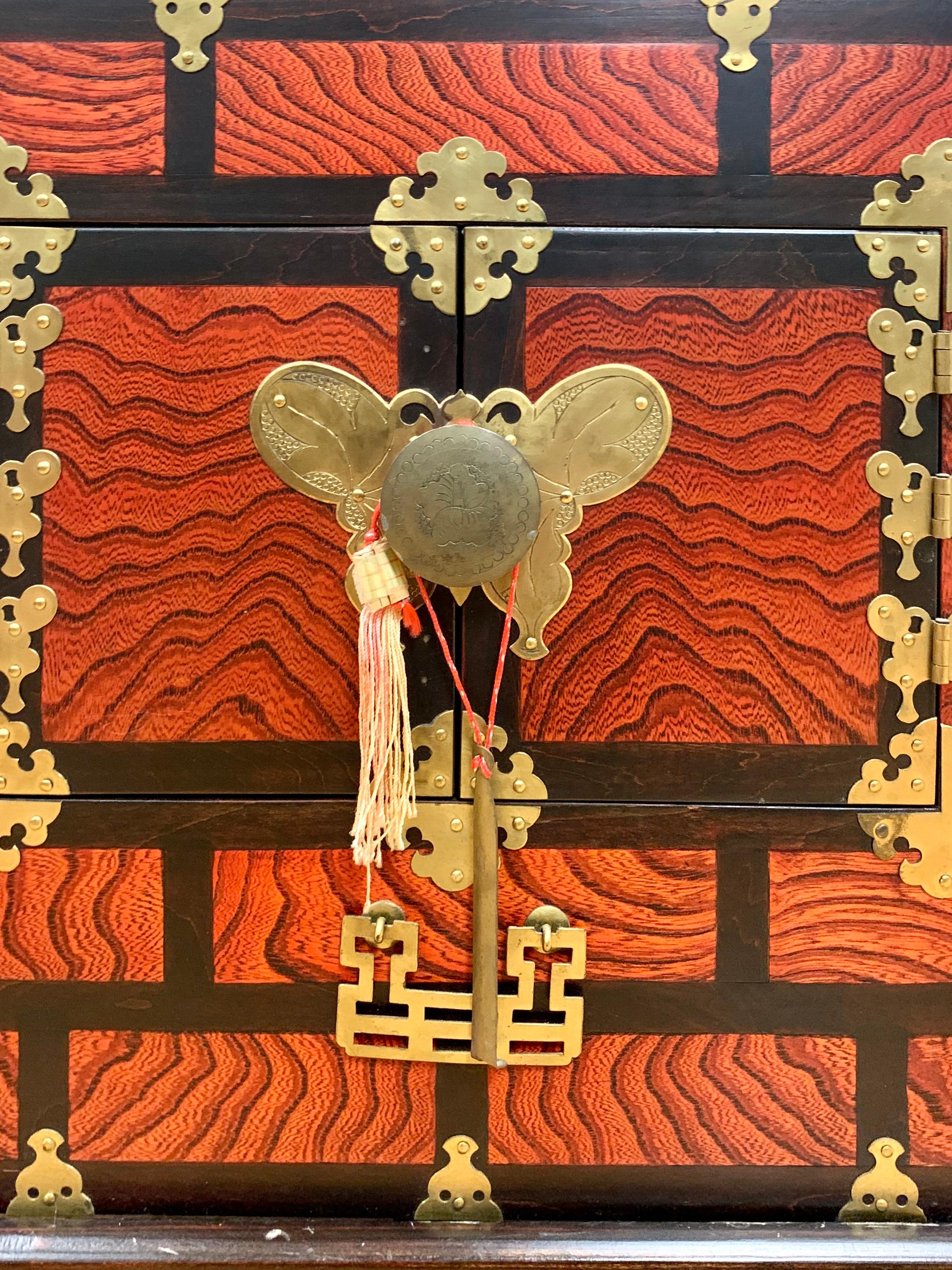 Metal Chinese Orange Locking Chests Cabinets with Brass Butterfly Hardware