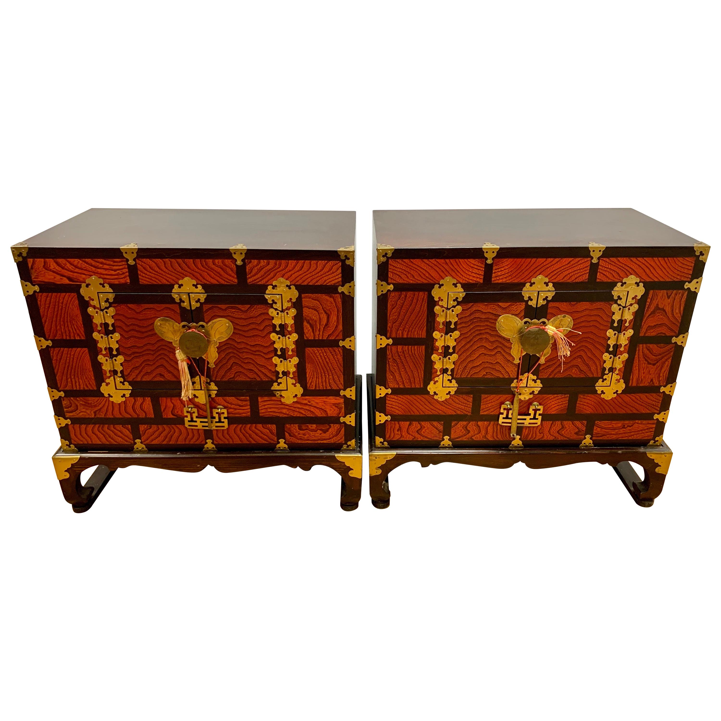 Chinese Orange Locking Chests Cabinets with Brass Butterfly Hardware