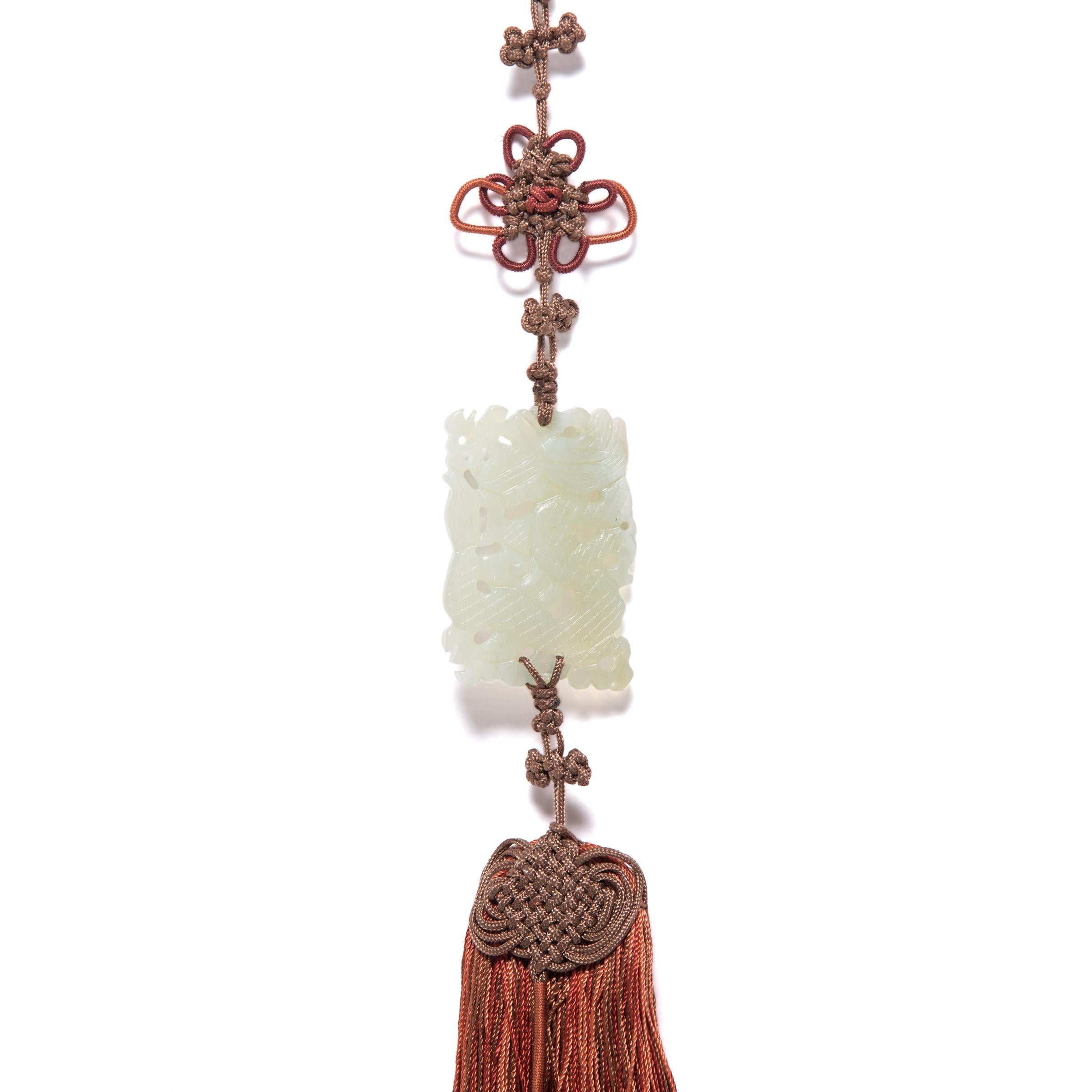 Chinese Orange Silk Tassel with Carved Jade Pendant In Good Condition In Chicago, IL