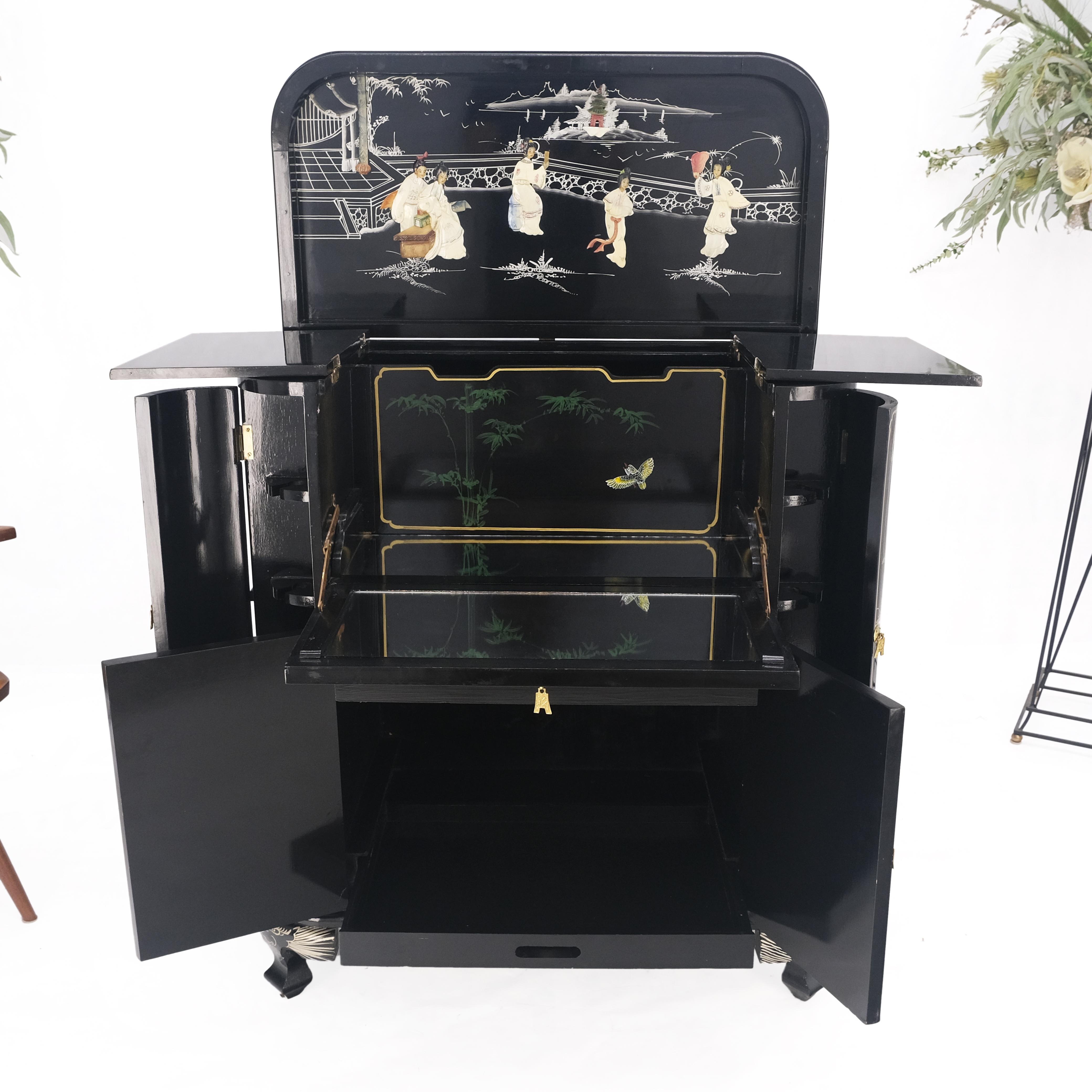 Lacquered Chinese Oriental Black Lacquer Mother of Pearl Figurine Decorated Liquor Cabinet For Sale