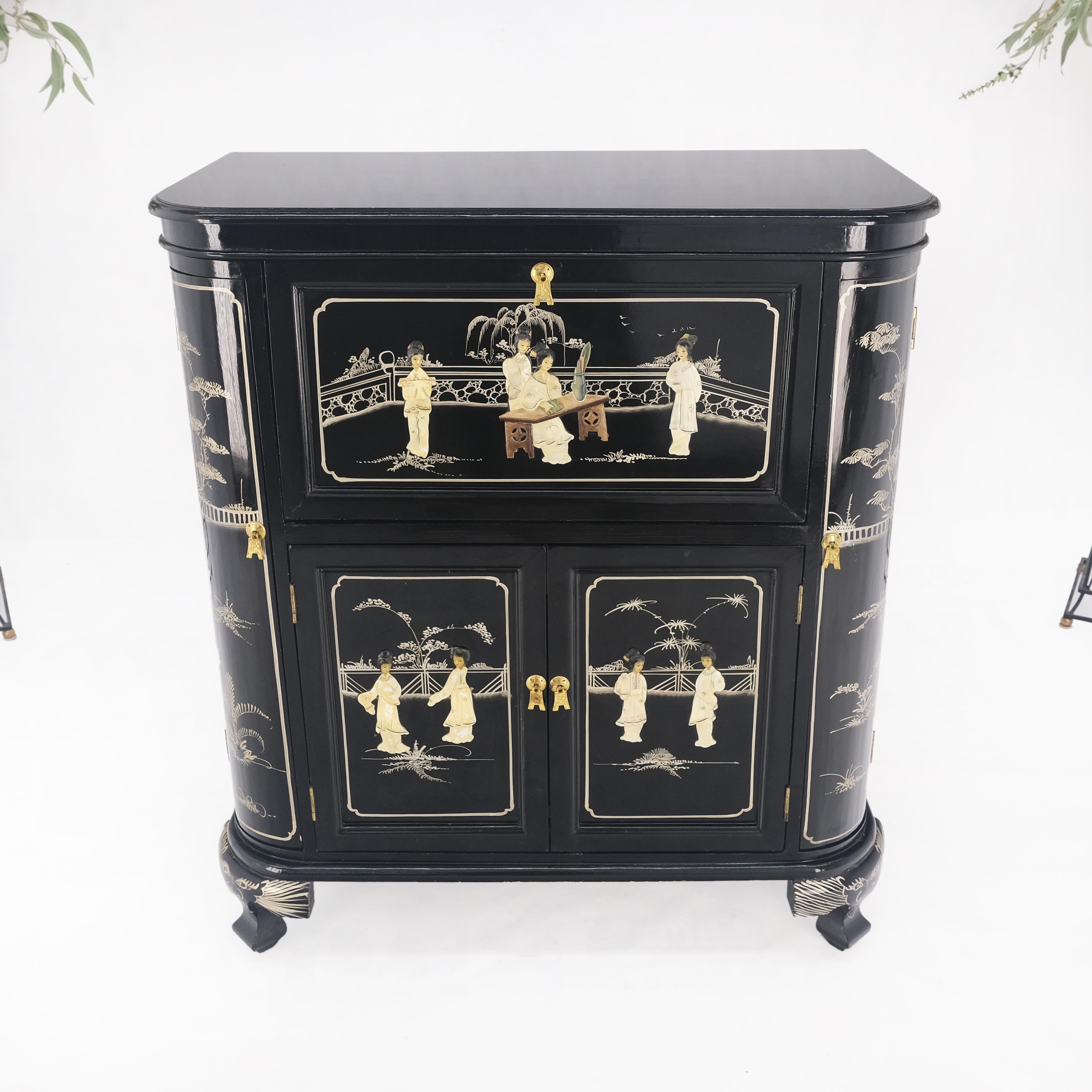 Lacquered Chinese Oriental Black Lacquer Mother of Pearl Figurine Decorated Liquor Cabinet For Sale