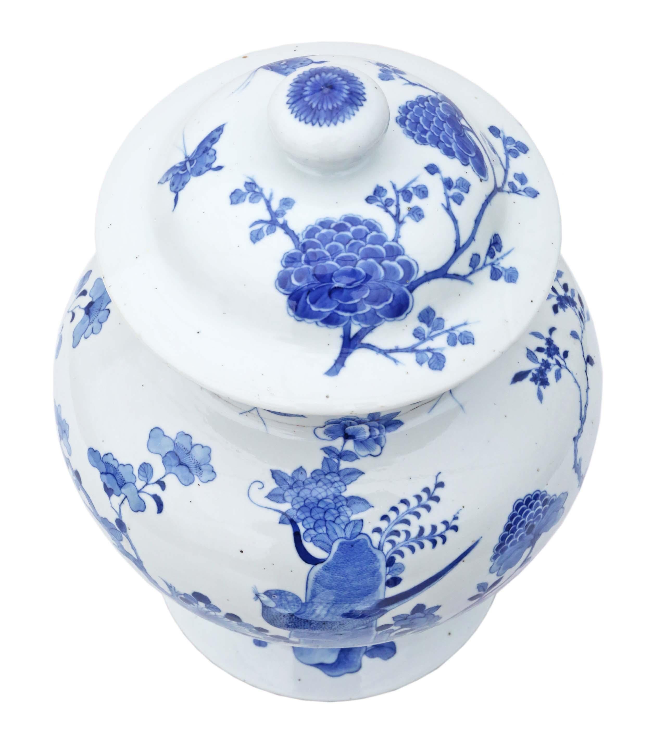 XIX secolo Vasetto di zenzero cinese orientale in ceramica bianca e blu con coperchio
