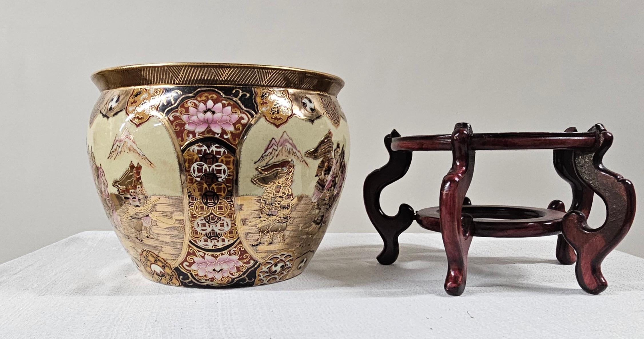 Chinese Oriental Ceramic Fish Bowl, Jardiniere or Planter On Rosewood Stand For Sale 8