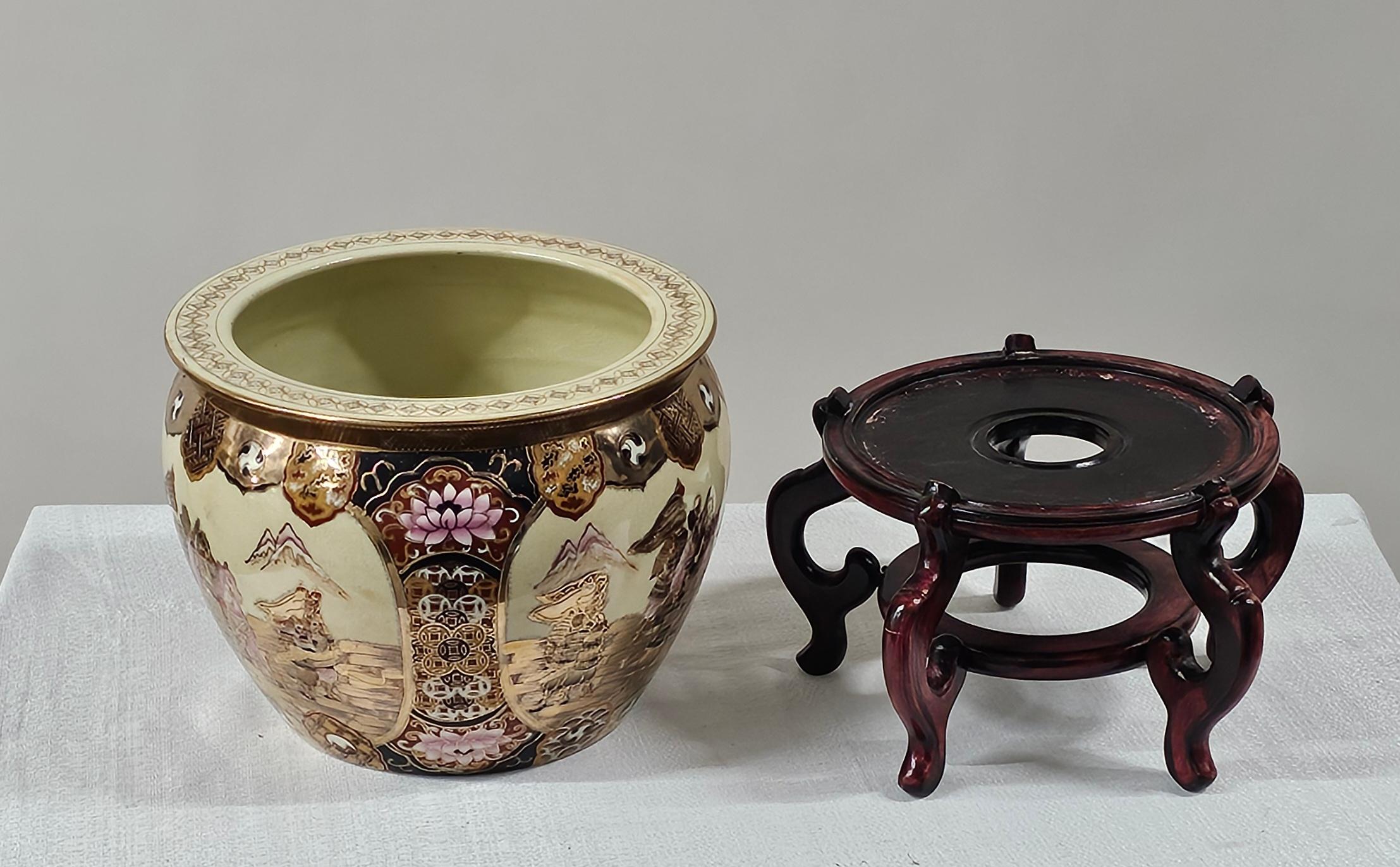 Chinese Oriental Ceramic Fish Bowl, Jardiniere or Planter On Rosewood Stand For Sale 9