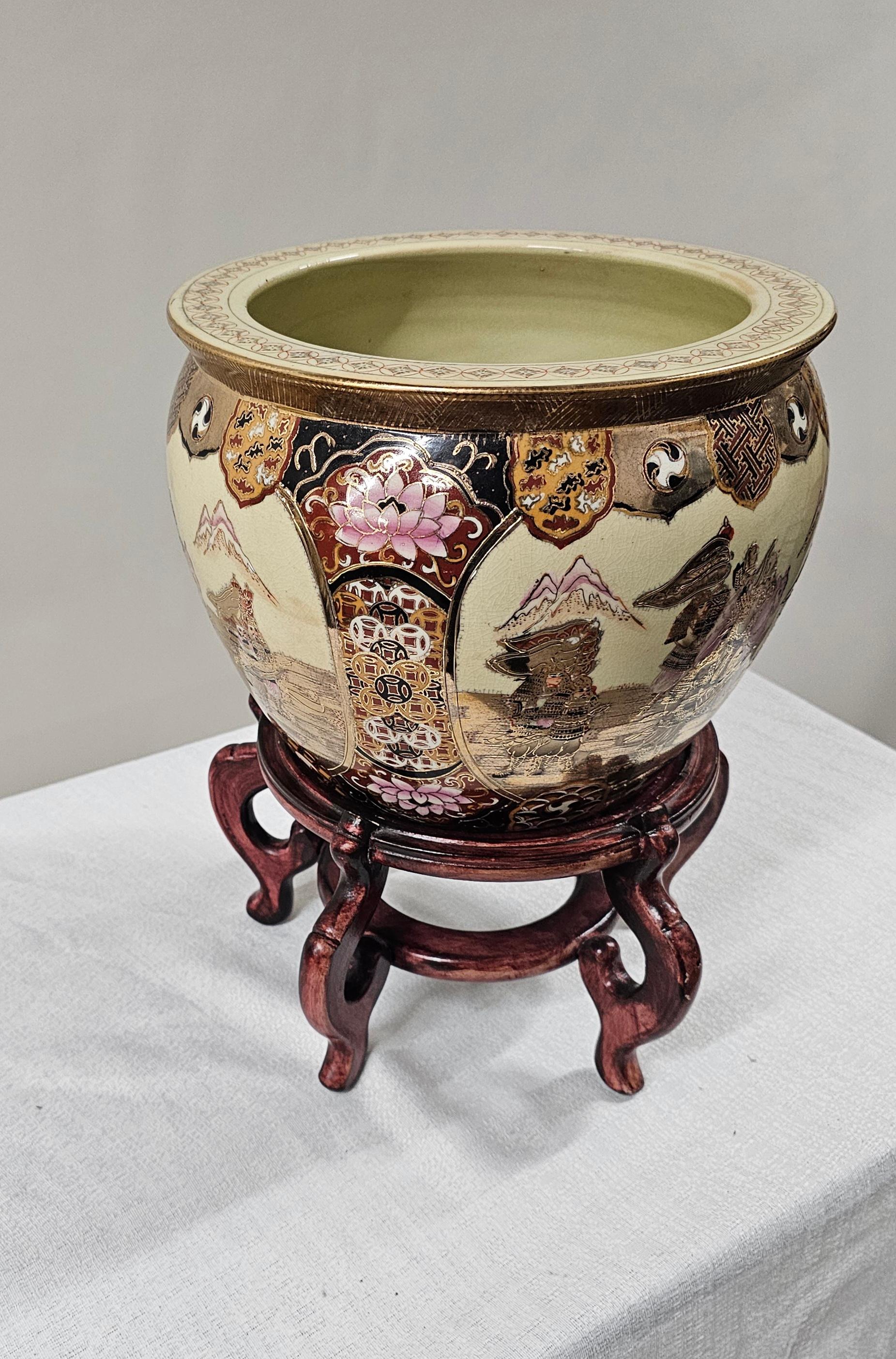 Chinese Export Chinese Oriental Ceramic Fish Bowl, Jardiniere or Planter On Rosewood Stand For Sale