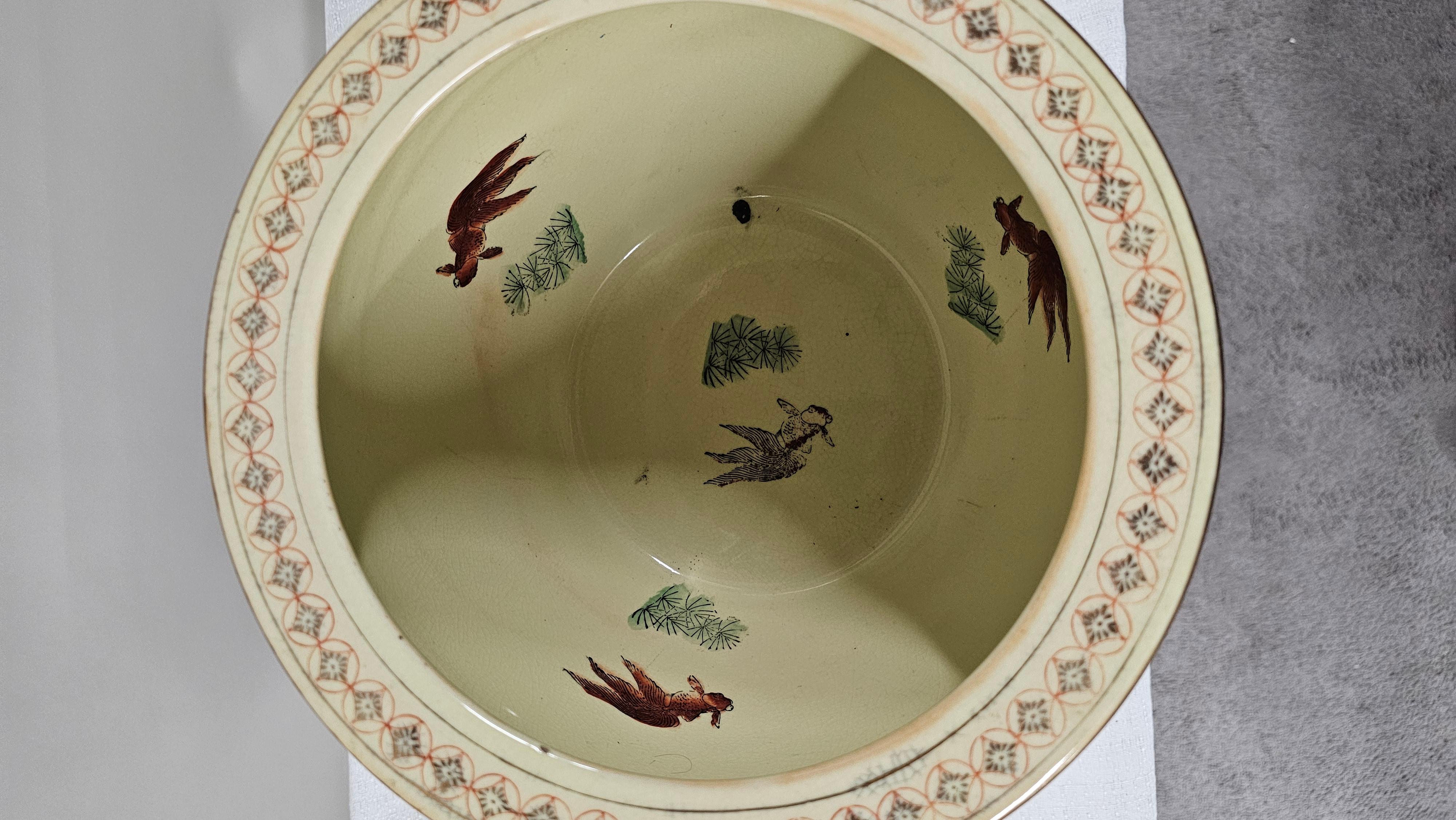 20th Century Chinese Oriental Ceramic Fish Bowl, Jardiniere or Planter On Rosewood Stand For Sale