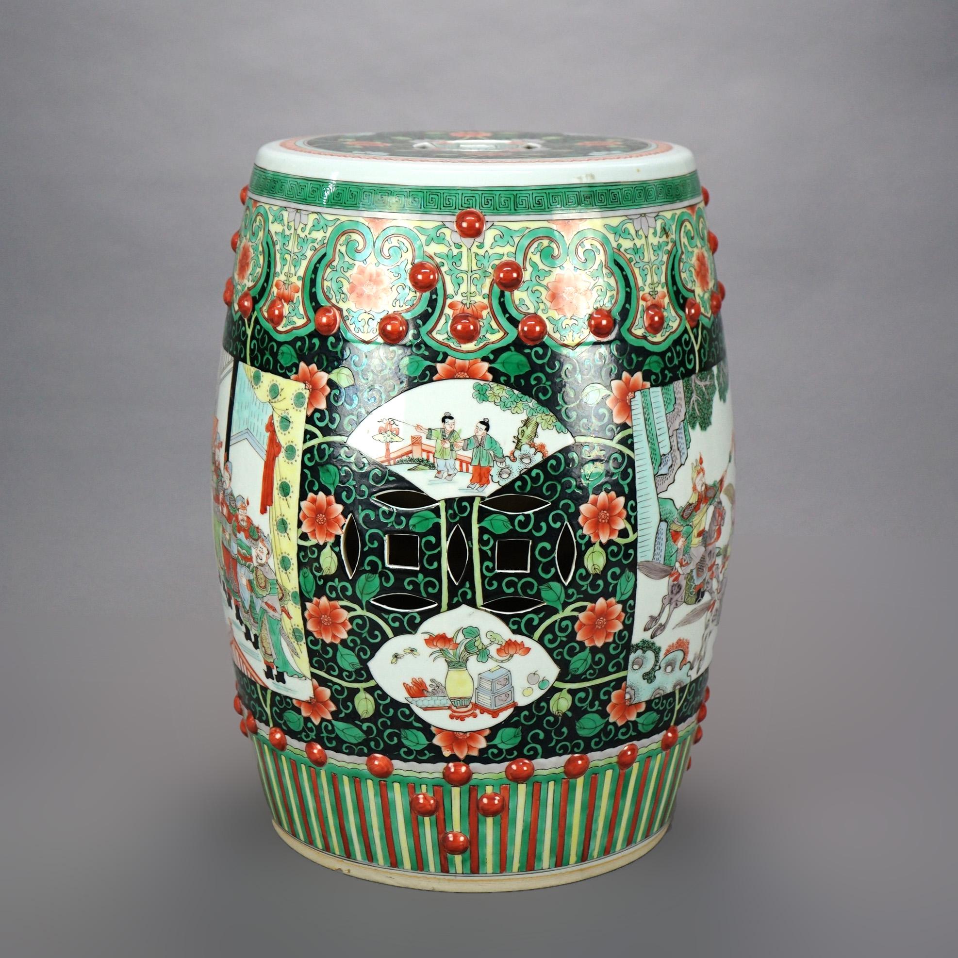 Chinese Oriental Porcelain Garden Seat with Garden Genre Scene, 20th Century 1