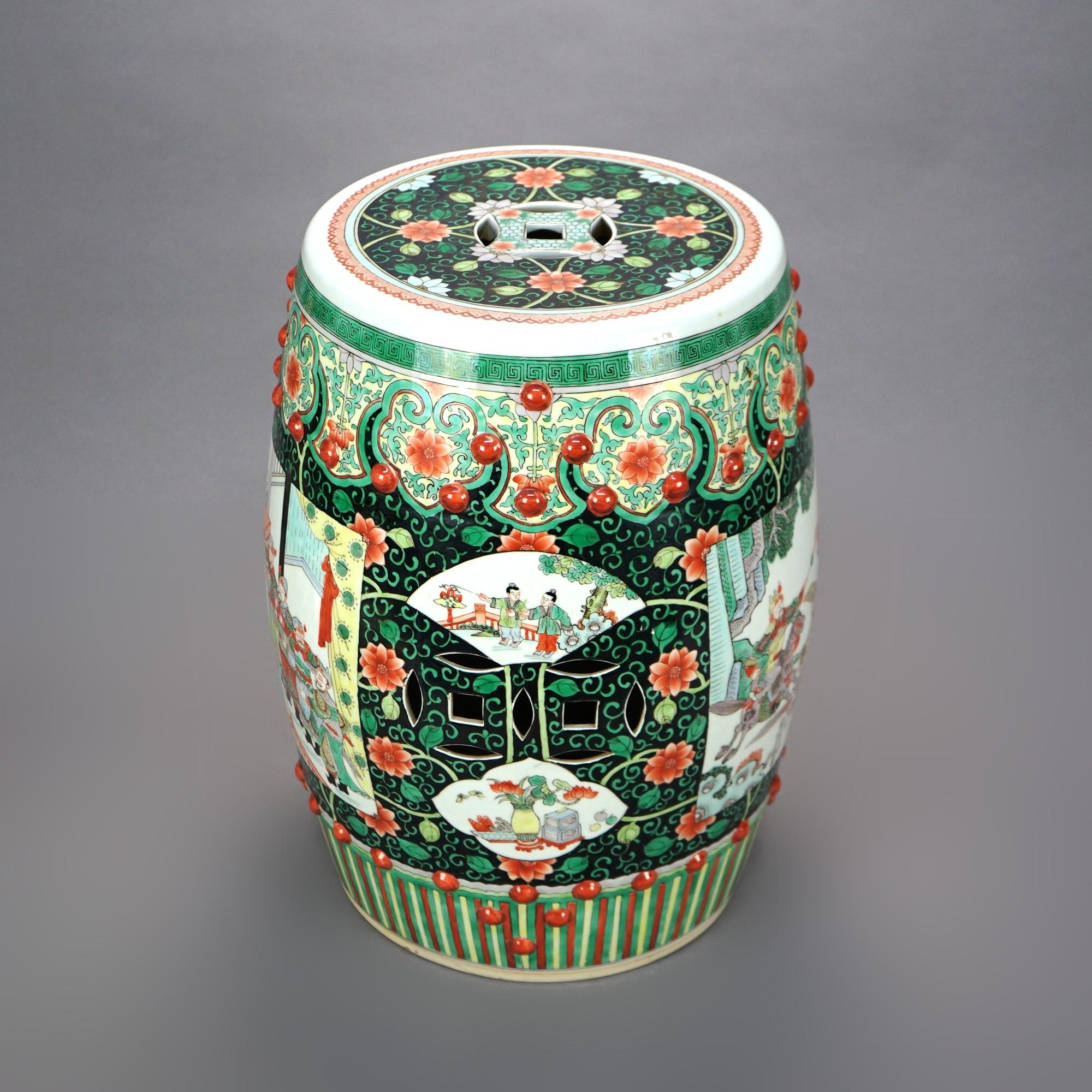 Chinese Oriental Porcelain Garden Seat with Garden Genre Scene, 20th Century 2