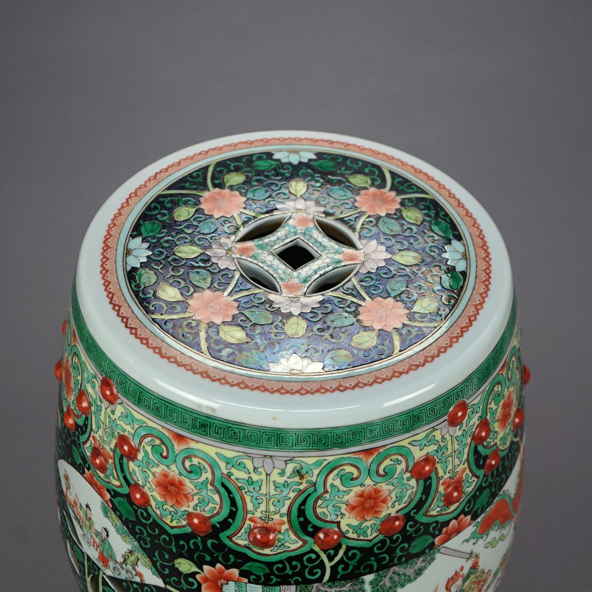 Chinese Oriental Porcelain Garden Seat with Garden Genre Scene, 20th Century 4