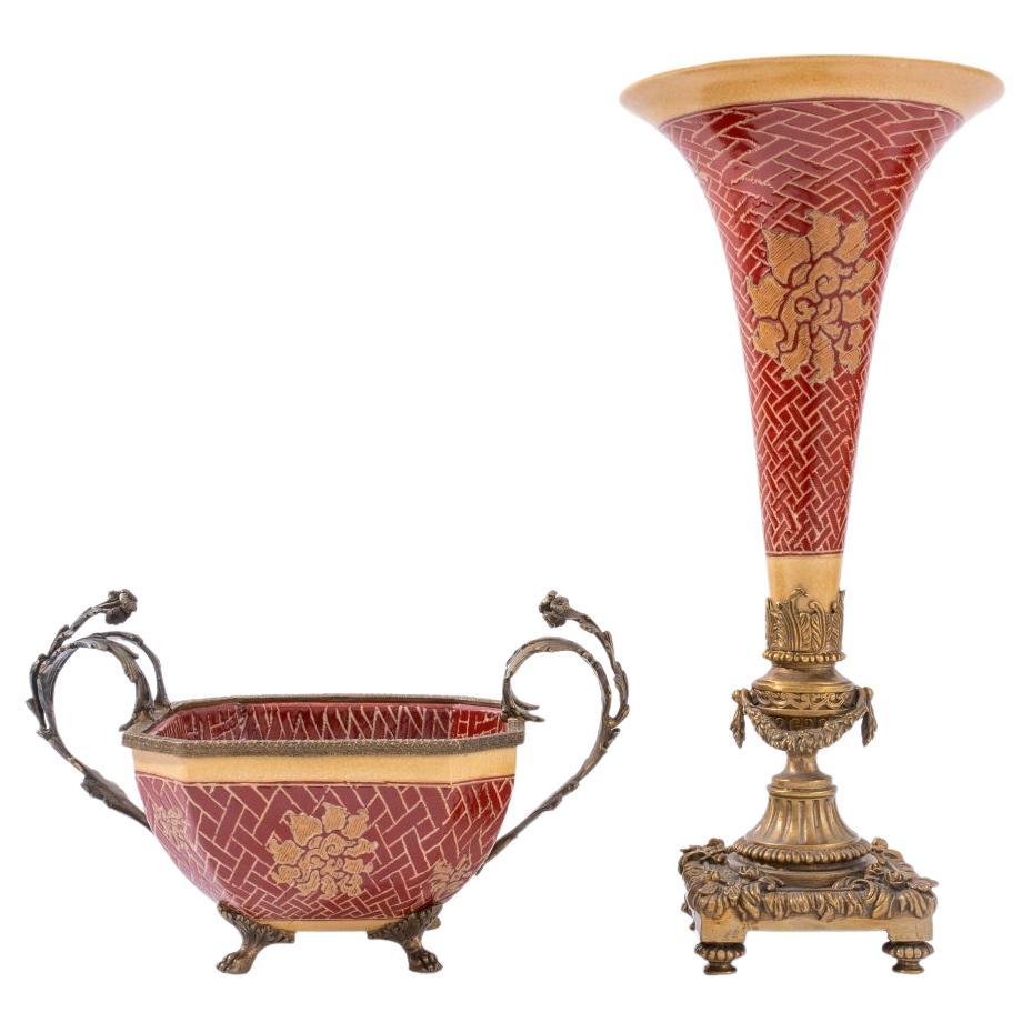 Chinese Ormolu Mounted Porcelain Vase & Bowl For Sale
