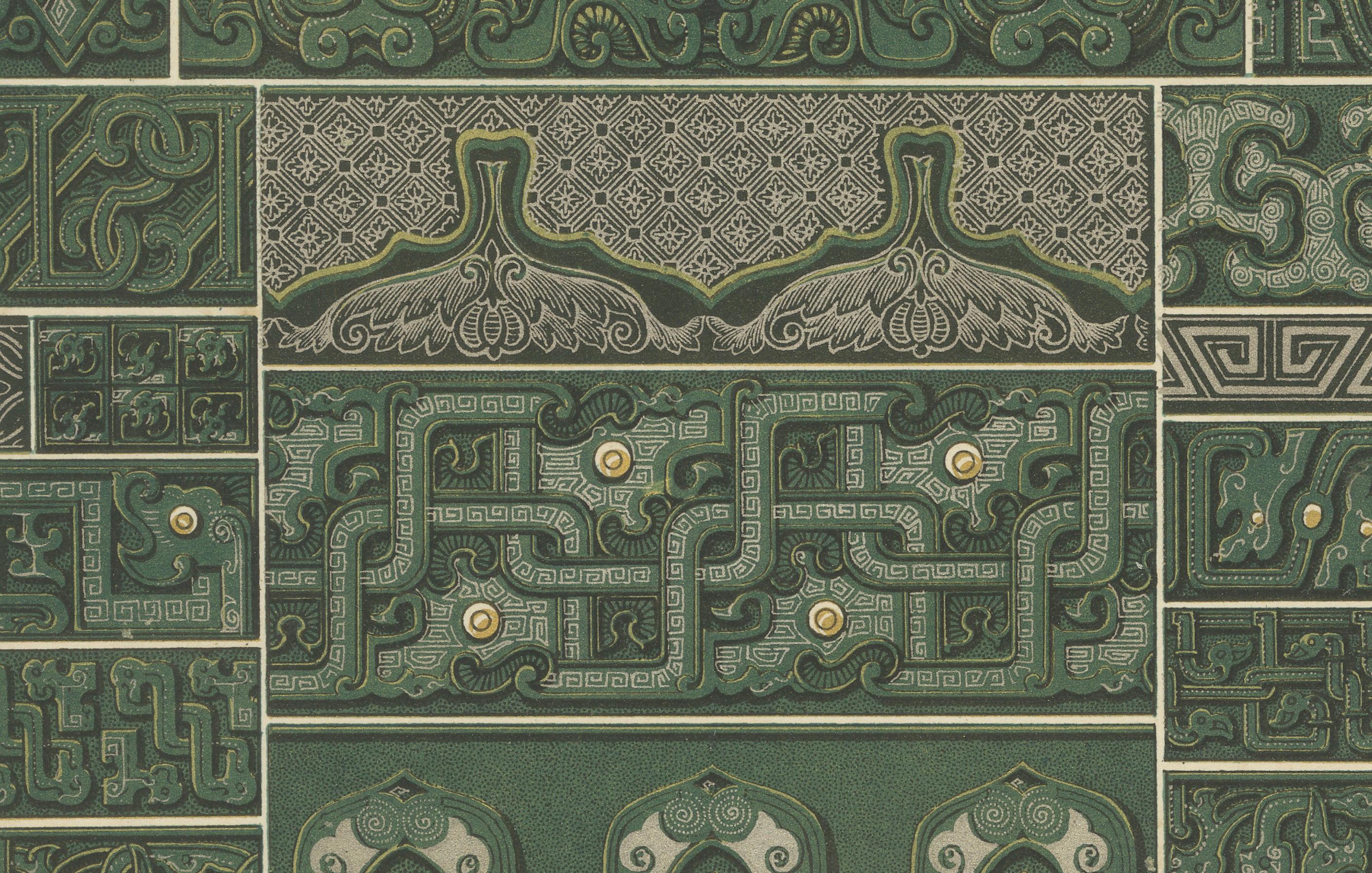 Gravure sur ornement chinois - Lithographie ancienne de motifs archaïques en bronze, c.1869 Bon état - En vente à Langweer, NL