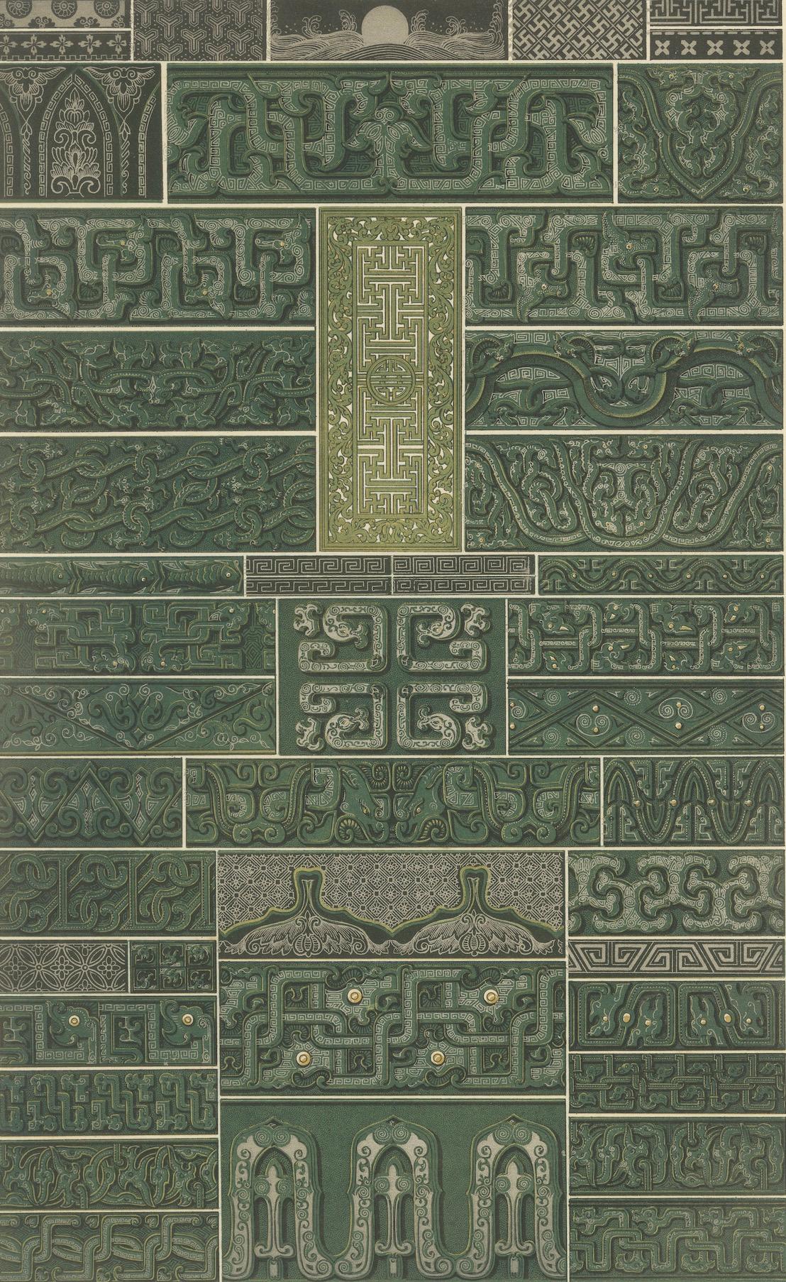 Gravure sur ornement chinois - Lithographie ancienne de motifs archaïques en bronze, c.1869 en vente 1