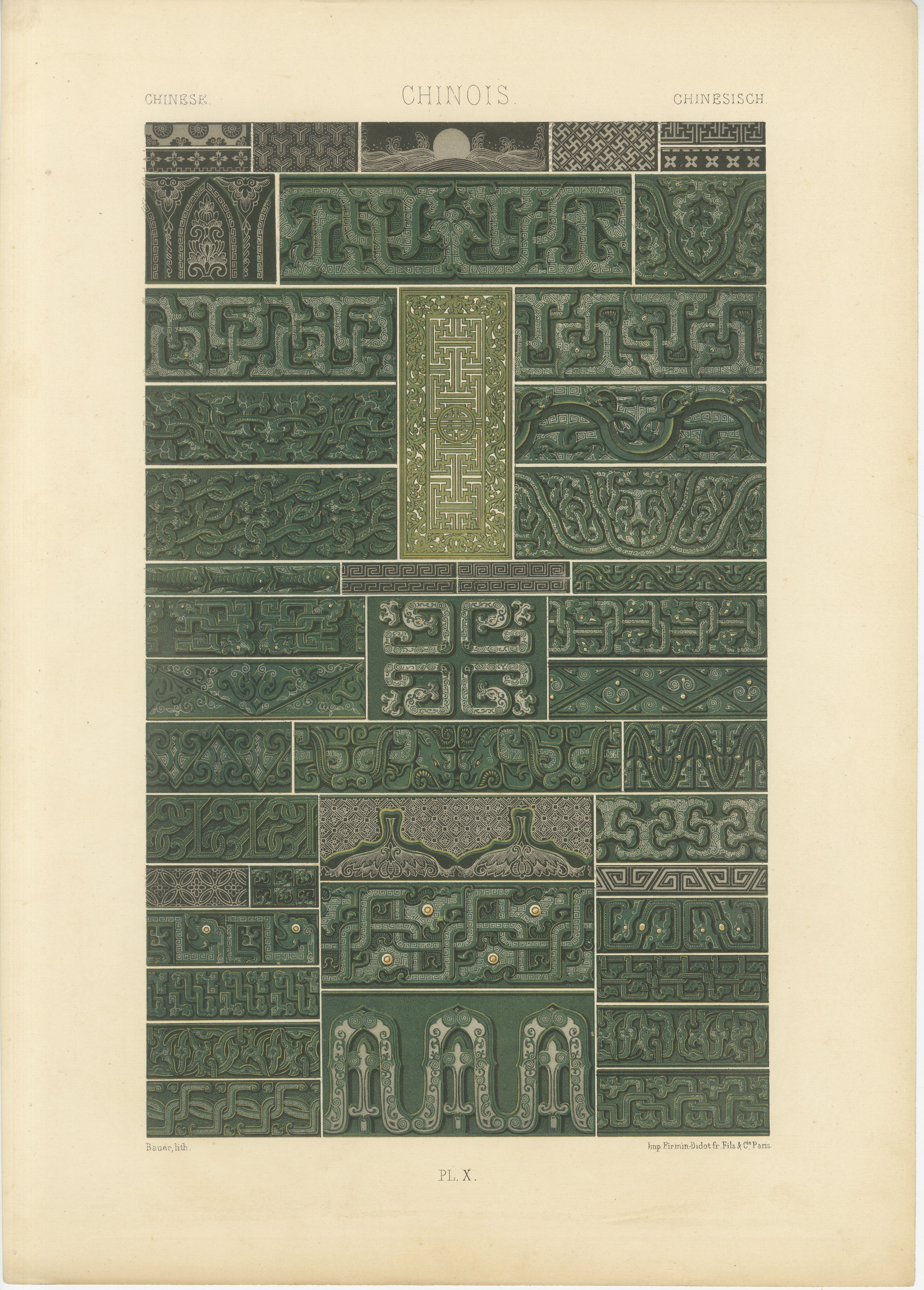 Gravure sur ornement chinois - Lithographie ancienne de motifs archaïques en bronze, c.1869
