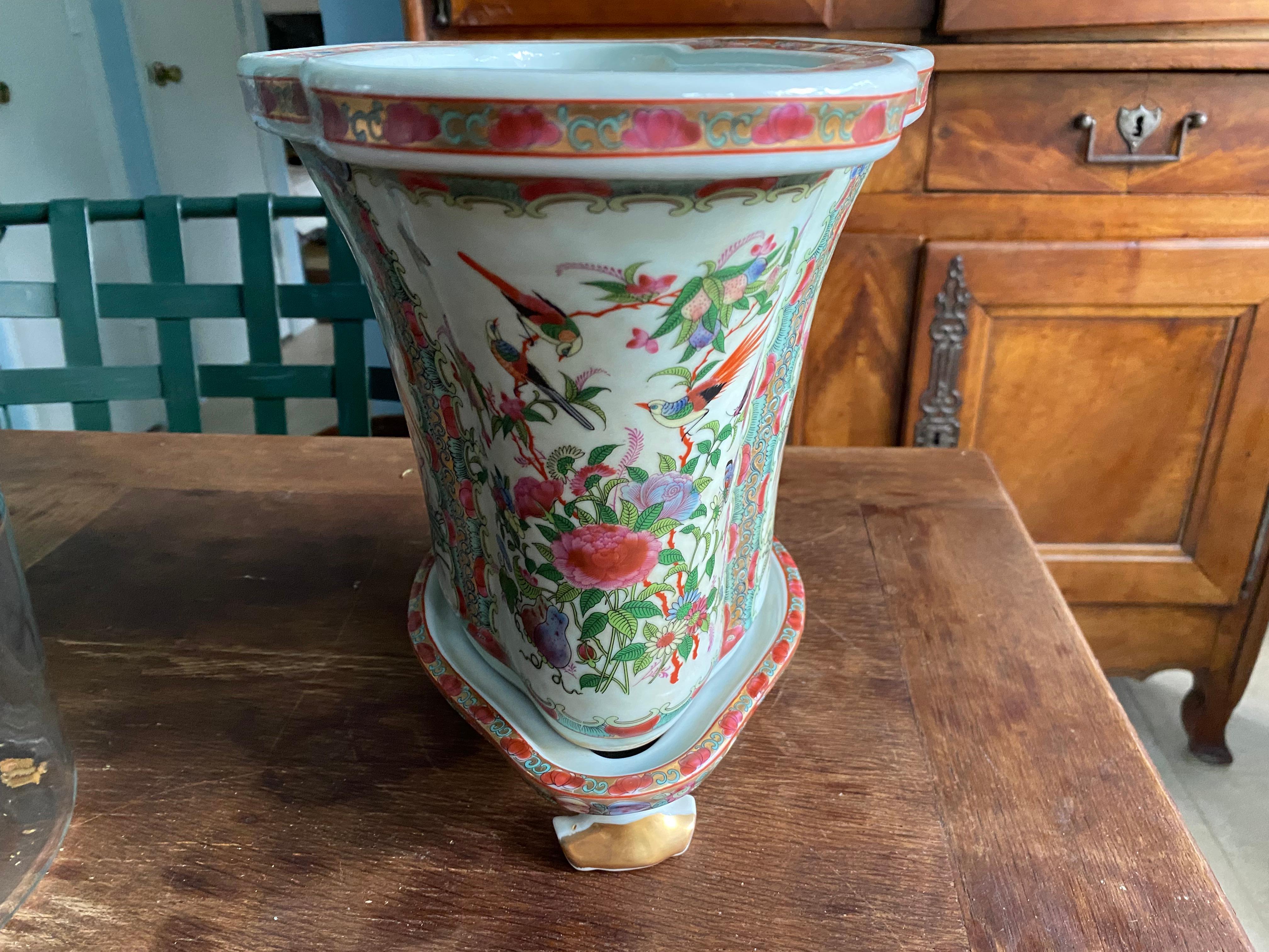 Hand-Painted Chinese Oval Porcelain Jardiniere with under Plate For Sale