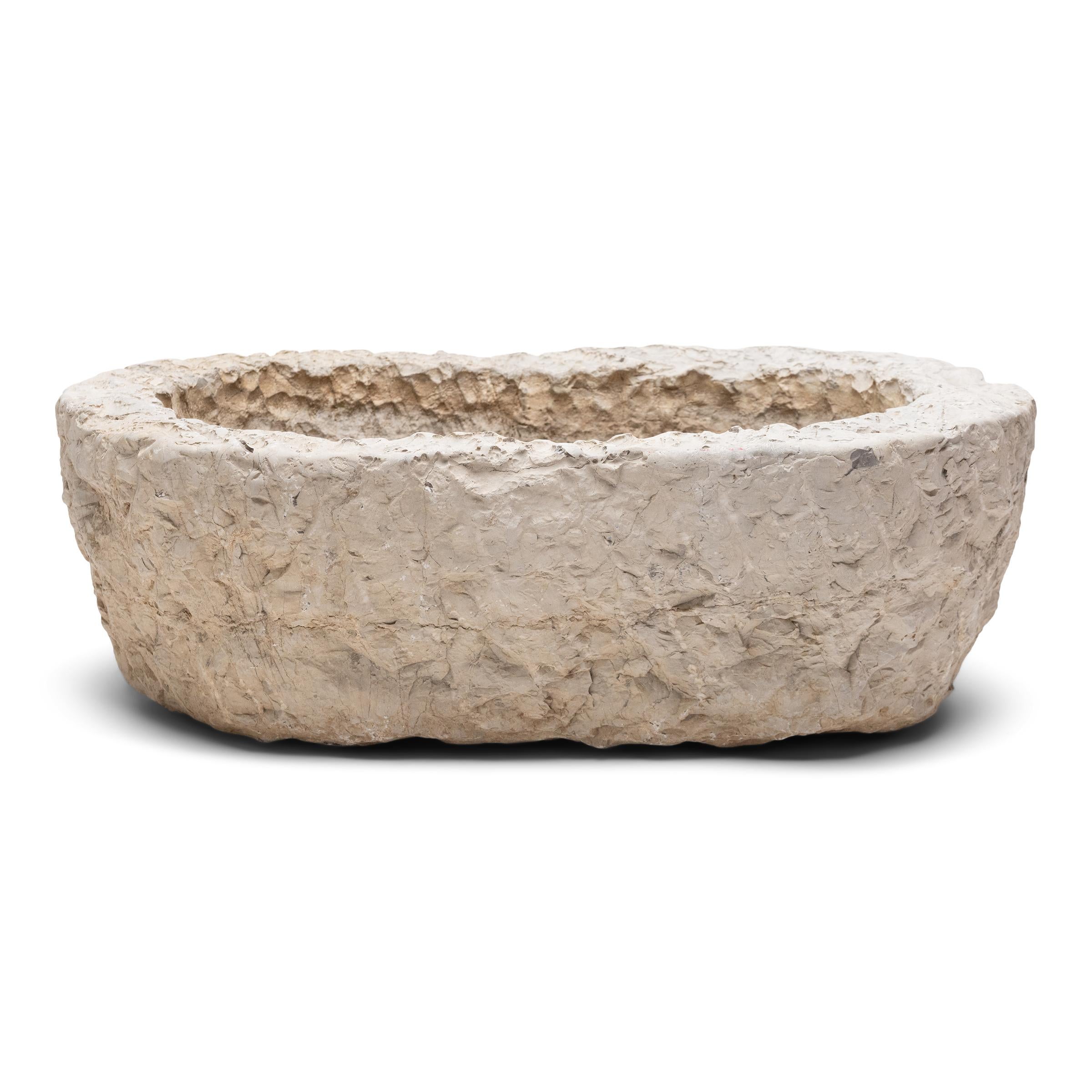 Hand-Carved Chinese Oval Stone Trough, c. 1900 For Sale