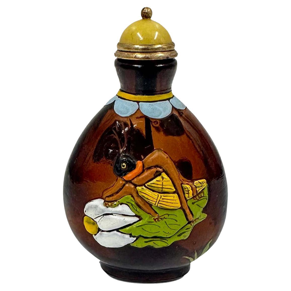 Chinese Overlaid Peking Glass Snuff Bottle with Scoop For Sale