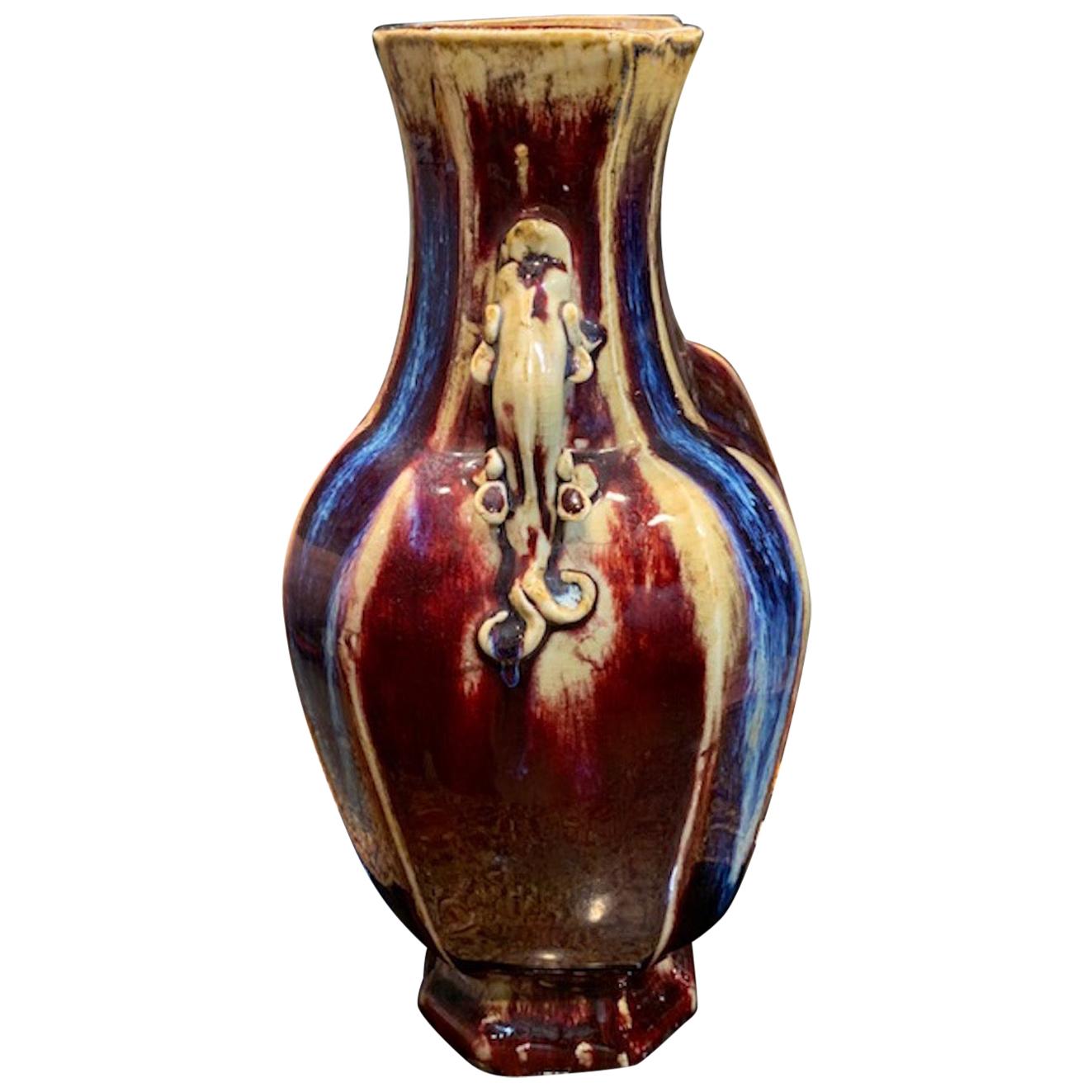 Chinese Ox-Blood Flambe Porcelain Vase with Dragon Ears, 'Handles' For Sale
