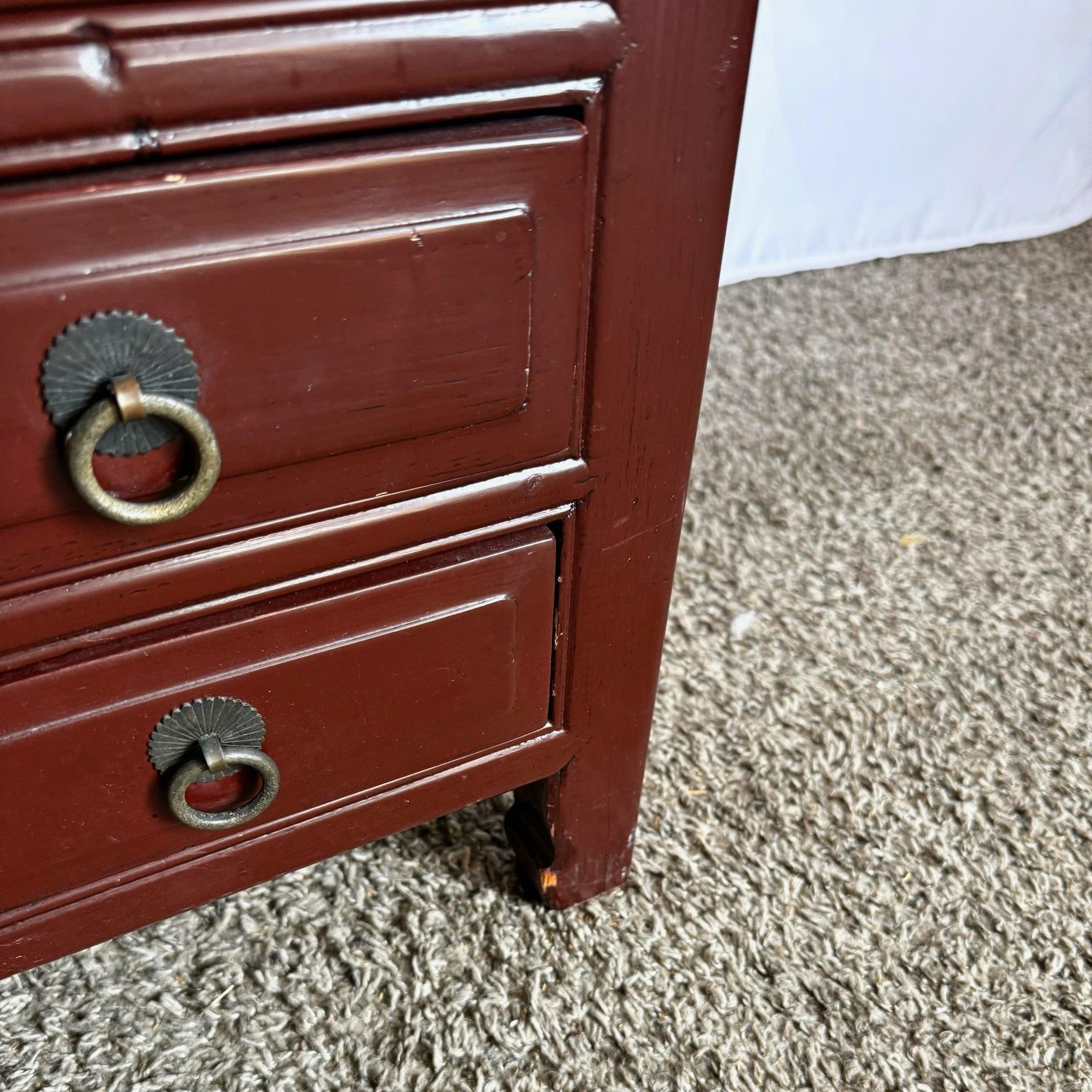 Wood Chinese Ox Blood Red Apothecary Chest of Drawers For Sale