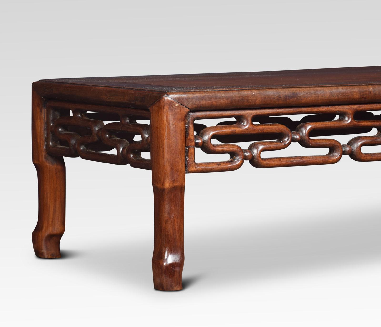 Chinese padouk opium/coffee table the rectangular top above the pierced frieze. All raised up on round moulded legs.
Dimensions
Height 10.5 inches
Length 30 inches
width 16 inches.