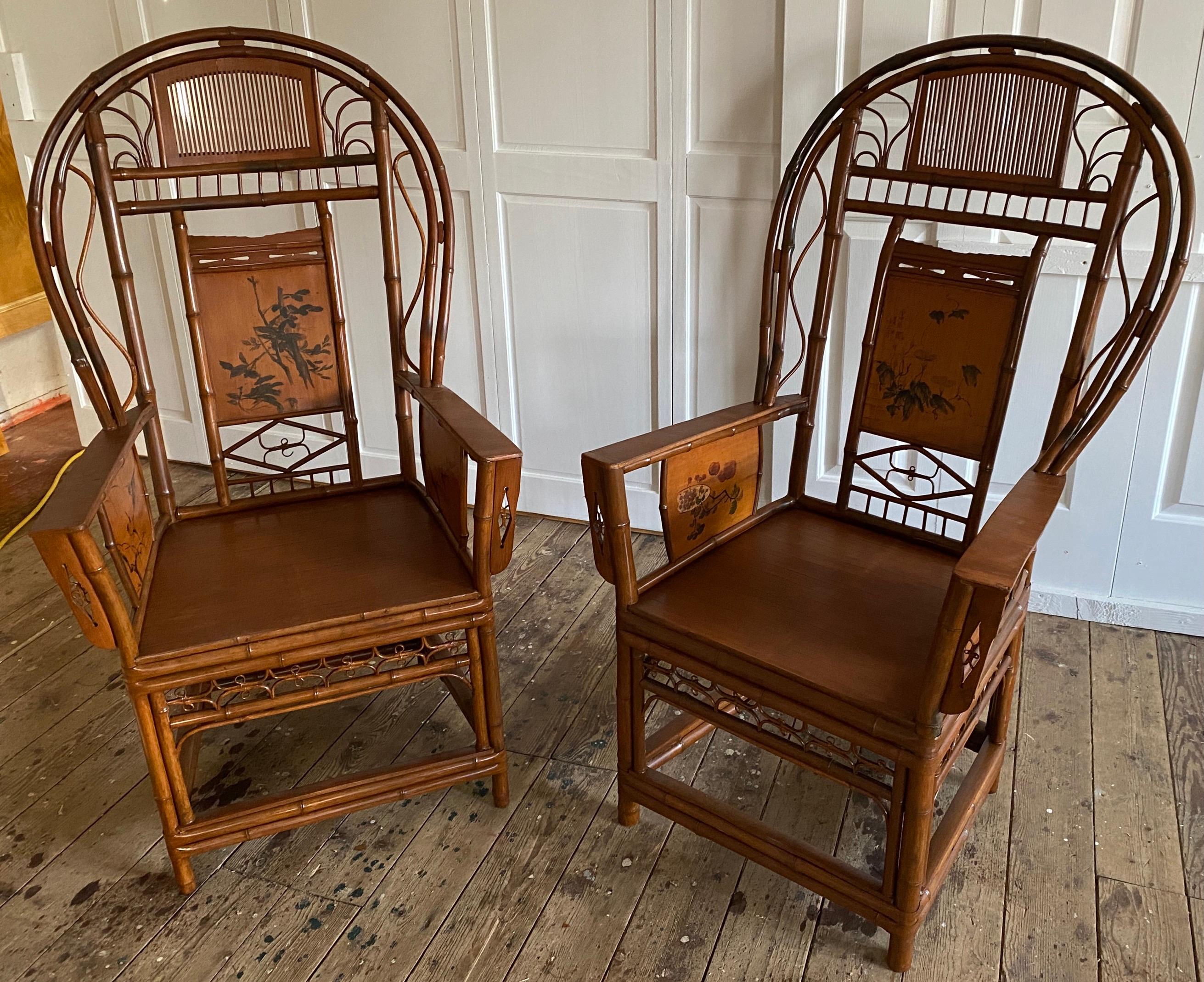 A true collector's item, a rare collection of early 20th Century 'Brighton Pavilion' Bamboo Chinoiserie armchairs displaying long flat arms in a horseshoe shape back, supported by geometric designs in a Chinese Chippendale style. Raised on four legs
